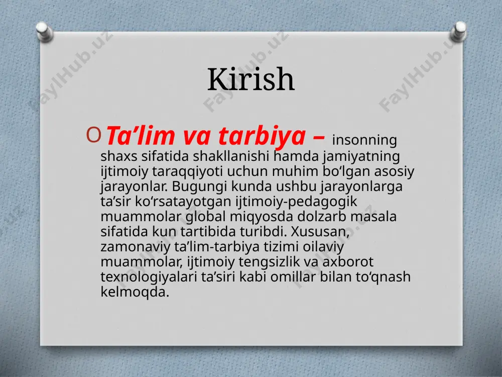 mkoniyatlari yetarlicha tashkil etilmagan. axborot xavfsizligi muammolari: yoshlarning ijtimoiy tarmoqlar va internet orqali zararli axborotga duch kelishi tarbiyaviy jarayonni murakkablashtirmoqda. muammolarni hal qilish yo‘llari oilaviy pedagogik yordam: oilalar bilan tizimli ishlash va ular uchun pedagogik maslahat xizmatlarini tashkil etish. innovatsion yondashuv: ta’lim jarayonida ilg‘or texnologiyalar va interaktiv metodlarni keng joriy qilish. xulosa ta’lim va tarbiya jarayonida uchraydigan ijtimoiy-pedagogik muammolarni hal qilish uchun kompleks yondashuv zarur. bu jarayonda davlat, o‘qituvchilar, ota-onalar va jamoatchilikning birgalikdagi sa’y-harakatlari asosiy rol o‘ynaydi. dolzarb muammolarni tizimli hal etish kelajak avlodning barkamol va bilimli bo‘lishiga xizmat qiladi. image3.jpeg image4.png image5.png image6.png image7.png image8.png /docprops/thumbnail.jpeg