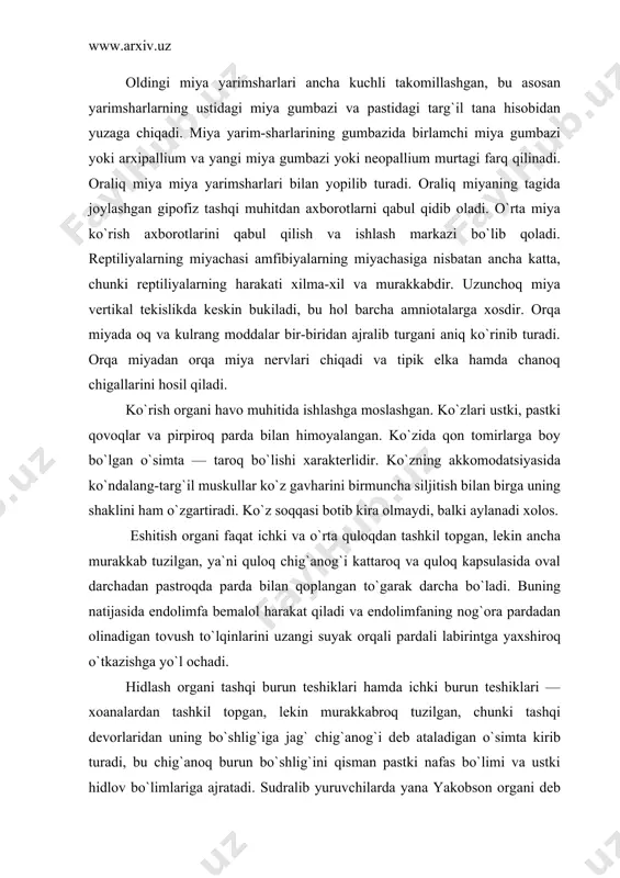 t hidini bilish uchun xizmat qiladi. sudralib yuruvchilarning hid bilish organi amfibiyalarga qaraganda ancha yaxshi taraqqiy etgan. 5.ovqat hazm qilish organlari. ovqat hazm qilish organlari. kaltakesaklarning ovqat hazm qilish yo`li og`iz bo`shlig`idan boshlanadi. og`iz bo`shlig`ining tagida harakatchan muskulli til joylashadi. og`iz bo`shligi nisbatan uzungina q`izilo`ngachga, q`izilo`ngach esa oshqozonga ochiladi. oshqozondan boshlangan ichak ingichka va yo`g`on ichaklarga bo`linadi, bularning chegarasida ko`richak kurtagi bor. jigarning o`t suyuqligi va oshqozon osti bezlarining chiqarish yo`llari ingichka ichak bo`shlig`iga ochiladi. hazm qilish yo`li amfibiyalarga nisbatan ancha takomillashgan va bu hazm qilish yo`lining qismlarga bo`linishida va yangi qismlar paydo bo`lishida ko`rinadi. o`ziq ko`p sonli o`tkir tishlar bilan qurollangan jag`lar yordamida ushlab olinadi. tishlar jag` va tanglay suyaklariga birikadi, faqat timsohlarning tishlari maxsus chuqurcha (al`veola)larda joylashadi. hozirgi sudralib yuruvchilarning tishlari deyarli bir xil, faqat ba`zi ilonlarda ixtisoslashgan yirik juft zahar tishlar taraqqiy etadi. tishlar, asosan oziqni ushlash va tutib turish uchun ishlatiladi. timsohlar va toshbaqalar katta o`ljadan …