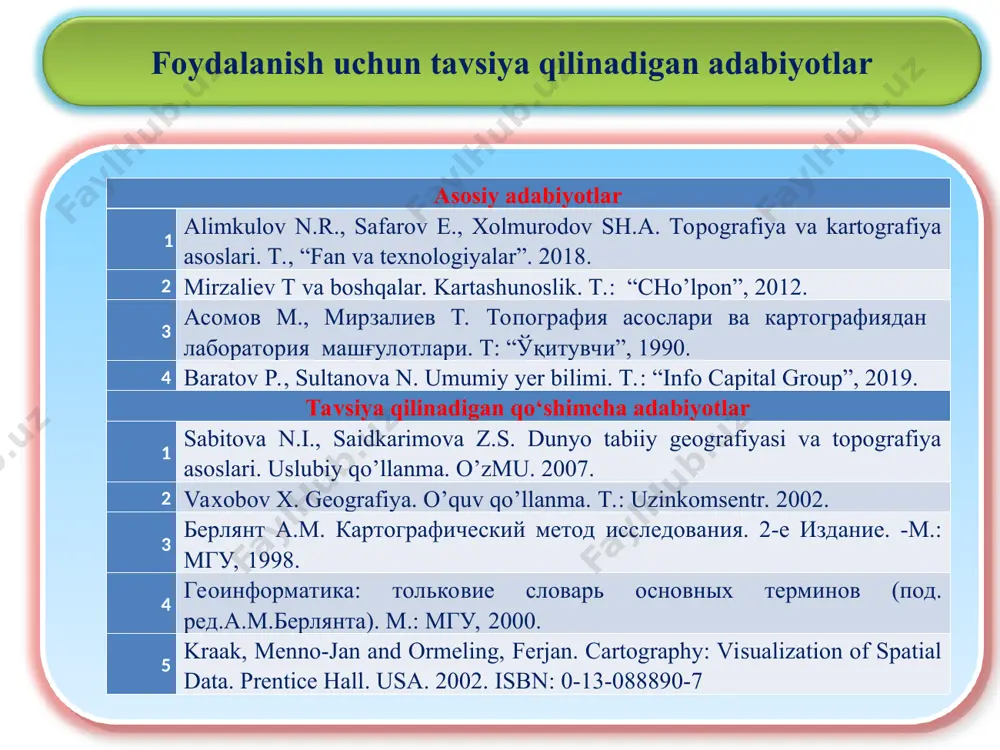 , o’rta maxsus va oliy ta’lim muassasalarida topografik va kartografik bilimlar berishga e’tibor qaratiladi. umumta’lim maktablarining 3-10 sinflarida “tabiyot va geografiya” fanlari dasturida topografiya va kartografiyaga oid mavzular alohida katografik yondashuvlar asosida o’tiladi, darsliklarning matn oralig’i va ilovalarida geografik kartalar beriladi. * * topografiya – (yunoncha “topos”-joy, “grafo”- tasvirlash) yer yuzasining ma’lum bir kichik qismini plan yoki kartada tasvirlash usullarini o’rgatadi. hozirgi vaqtda topografik plan olishda aero va kosmik suratlardan keng ravishda foydalanilmoqda, bu esa plan olish ishlarining tezlashishida va yaratilayotgan karta sifatining yanada mukammal bo’lishligiga olib keladi. () sirtki ta'lim kartografiya – tabiat va jamiyatda vaqt o’tishi bilan o’zgaradigan voqea va hodisalarning tarqalishini, ularning o’zaro bog’liqligini, kartografik ma’lumotlarni belgi-modellar vositasida ko’rgazmali ravishda tasvirlash yo’llarini o’rgatuvchi fan hisoblanadi. kartografiya dastlab milodning ii-asrida klavdiy ptolomey tomonidan fanga kiritilgan. topografiya va kartografiya fani – geografiya, geodeziya, geofizika, matematika, geometriya, informatika, biogeografiya, landshaftshunoslik va boshqa fanlar bilan uzviy bog’langan. bu bog’lanishlar natijasida geografik …