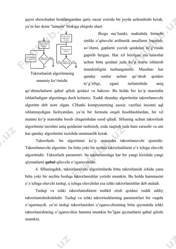 hqi va ichki takrorlanishlarni tashkil etish qoidasi xuddi oddiy takrorlanishnikidekdir. tashqi va ichki takrorlashlarning parametrlari bir vaqtda o’zgarmaydi, ya’ni tashqi takrorlanishni o’zgaruvchisining bitta qiymatida ichki takrorlanishining o’zgaruvchisi hamma mumkin bo’lgan qiymatlarni qabul qilishi mumkin. 3. har qanday kompyuterning ishlash jarayoni dastur asosida boshqarish yotadi. bu printsip shundan iboratki, quyilgan masalani kompyuter avvaldan tuzilgan va mashina xotirasiga kiritilgan dasturga to’la mos holda avtomatik echadi. masalalarni dasturlash uchun kompterda dasturlash tillari deb ataluvchi sun’iy tillar qo’llaniladi. shu tillar yordamida bir ma’noli qilib va kompyuter qabul qila oladigan shaklda tavsiflanadi. dasturlashning ixtiyoriy tili belgilar majmuini va algoritmlarni yozish uchun ushbu belgilarni qo’llash qoidalarini o’z ichiga oladi. shuning uchun ham dasturlash tili alfavita, sintaksisi va semantiqasi bilan ajralib turadi. alfavit - tilda qo’llaniladigan ko’plab turli belgilardir. tilning sintaksisi jumlalar tuzishda belgilarning bog’lanish qoidalarini belgilaydi, til semantikasi ushbu jumlalarning mazmuniy izohini belgilaydi. har bir kompyuter mashina tili deb ataluvchi o’zining xususiy dasturlash tiliga ega. shunday …