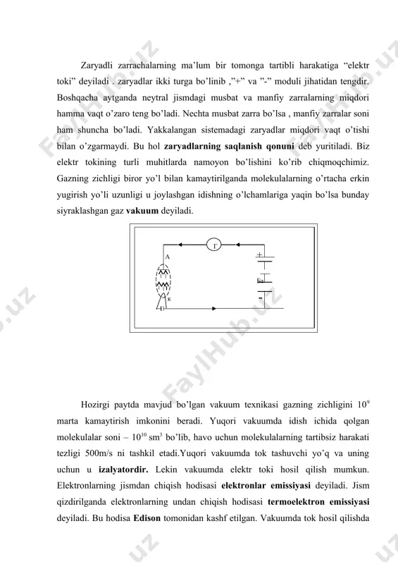 n emissiya hodisasiga asosanishlaydigan asboblarni chiqarishda tayyorlaniladi. elektron lampa ichida havosi so’rib olingan l va bir necha elektronlar kavsharlangan shisha yoki metal balondan iborat. elektroidlar --- bu ikkinchi sinf o’tkazgichlar hisoblanadi. bizga ma’lumki odatdagi sharoitda distirlangan suv o’zidan elektrni deyarli o’tkazmaydi. bunga sabab suvning elektrik sig’diruvchanligi e=81 teng bo’lib juda katta. suv molekulasini tashkil etgan musbat va manfiy zaryadlar kuchli dipol ko’rinishda. “+” va ”-” zaryadlarning yig’indisiga dipol deyiladi. tuzlar, kislotalar va ishqorlarni suvdagi eritmasiga elektrolitlar deyiladi. elektrolitlardagi elektr tokini hosil bo’lishini quyidagi tajriba asosida ko’rib chiqamiz. toza distirlangan suvni idishga solib unga elektrodlar tushirilgan bo’lsin. elektrodlar tok manbaiga ulangan bo’lib elektrolit orqali elektr toki o’tganda moddaning kimyoviy parchalanishi va ularning elektrodlarda ajralib chiqishi elektrolit deyiladi. elektrolit hodisasini toza metallar olishda fydalinadi.. masalan: al, gu, zn, ni, mg,fi, df. va metallarni rudalardan ajratib olish uchun shu usuldan foydalinadi. galvanoplastika. tasvirlar rel’efining metal nusxalarining elektrolit yordamida olish galvanoplastika deyiladi. galvanoplastika usulida …