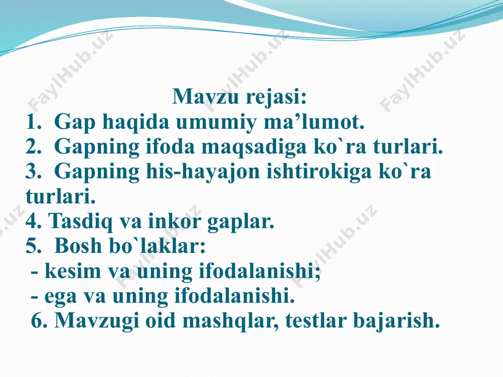 darak berish orzu-umid, ishonch, ta’kid, g‘urur, maslahat, sevinch, taajjub, gumon, tashvish, g‘azab, norozilik, kinoya kabi mazmun turlarini ifodalaydi. gap oxiri pasayuvchi ohang bilan aytiladi va nuqta qo‘yiladi: bugun qor yog‘di. kun sovib ketmadi. 2. so‘roq gaplar orqali so‘zlovchi o‘zi bayon qilgan fikrga suhbatdoshini fikr bildirishga undaydi, tasdiqlash yoki inkor qilishga undaydi: uni kutdingmi? yozuvda so‘roq gap oxiriga so‘roq belgisi qo‘yiladi. bu gaplar ko‘proq dialogik nutqda uchraydi. so‘roq gaplar quyidagicha hosil bo‘ladi: - so‘roq olmoshlari bilan: kim qayerga ketadi? - so‘roq yuklamalari yordamida: ertaga kelasiz-a? -so‘roq ohangi yordamida, bunda ko‘pincha kutilmagan xabar natijasida gapdagi biror bo‘lak yoki gap butunicha takrorlanadi: biz ketamiz. ketamiz? so‘roq gaplar so‘roq mazmunini ifodalashiga ko‘ra sof so‘roq gaplar va ritorik so`roq gaplarga bo‘linadi. sof so‘roq gaplar javob talab qilinadigan gaplardir. asosan dialog shaklida bo‘ladi: - sen bugun biznikiga kelasanmi? -ha. ritorik so‘roq gaplar javob talab qilmaydigan gaplardir. yashirin javobi tasdiq yoki inkor shaklida oldindan ma’lum bo‘ladi: onani …