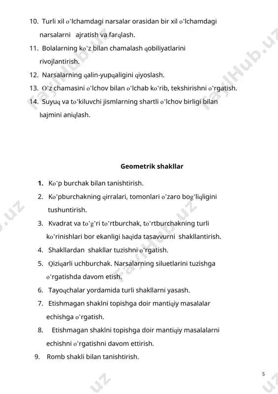 opsa o’sha guruh g’olib bo’ladi. musobaqa yakunida guruhlar yig’gan doiralar sanaladi va g’olib guruh aniqlanadi. bolalar bilimini tekshirish va mustahkamlash uchun savollar: 1. 1 dan 10 gacha bo’lgan sonlarni teskari sanash uchun avvalo qaysi raqam aytiladi? 2. 1 va 10 sonlari orasida qanday sonlar bor? 3. to’rtdan oldingi va keyingi sonni aytib bering. 4. 10 dan 1 gacha teskari sanab bering. 5. 3 va 5 sonlari orasida qanday son bor? 6. to’qqizdan oldin qaysi son keladi? 7. 6 va 8 sonlari orasida qanday son bor? 8. barmoqlaringiz nechta tartib bilan sanab bering. faoliyat yakunida bolalarni rag’batlantirish. mavzu: ko’pburchak bilan tanishtirish maqsad: · bolalarda ko’pburchaklar haqida tasavvur hosil qilish. kutilayotgan natija: · bolalar ko’pburchaklar haqida bilib oladilar. kerakli jihozlar: · har xil rangdagi, ko’rinishdagi va kattalikdagi uchburchaklar (5 tadan 10 tagacha bo’lishi mumkin) · har xil rangdagi, ko’rinishdagi va kattalikdagi to’rtburchaklar (5 tadan 10 tagacha bo’lishi mumkin) · beshburchak, oltiburchak va …