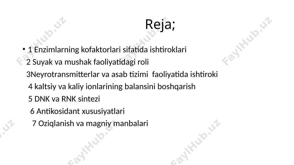 uchun kaliy va kaltsiy ionlarining muvozanati magniyga bog‘liq. 5. dnk va rnk sintezi magniy nuklein kislotalarning sintezida va ular tuzilmasini barqarorlashtirishda ishtirok etadi. u dnk replikatsiyasida hamda rnk sintezida zarur bo‘lgan fermentlar uchun muhim kofaktordir. bu uni hujayralarning ko‘payishi va tiklanishida muhim o‘rin tutuvchi element qiladi. 6. antioksidant xususiyatlari magniy hujayralarni oksidlovchi stressdan himoya qilishga yordam beradi. bu uning antioksidant himoyaga hissa qo‘shishini bildiradi. u ko‘plab metabolik reaktsiyalar davomida hosil bo‘ladigan erkin radikallarni neytrallashtiradigan fermentlar faoliyatini qo‘llab-quvvatlaydi. 7. oziqlanish va magniy manbalari oziq-ovqat mahsulotlarida magniy yetarli miqdorda uchraydi. asosan yashil bargli sabzavotlar (masalan, shpinat), yong‘oqlar, dukkakli o‘simliklar, to‘liq don mahsulotlari va ba'zi dengiz mahsulotlari magniyning manbasi hisoblanadi. o‘rtacha kattalar uchun magniy kunlik tavsiya etilgan miqdori 300-400 mg orasida. magniyning bu xususiyatlari uni hujayra energetikasidan tortib suyak sog‘lig‘igacha bo‘lgan ko‘plab biologik jarayonlarda hal qiluvchi ahamiyat kasb etuvchi element qiladi. image1.png image2.png image3.png image4.png image5.png /docprops/thumbnail.jpeg