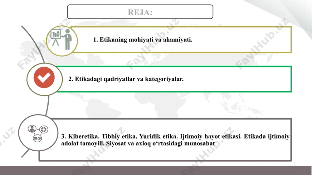 n bo‘lishi. ilm, bilim, dunyoqarash, idrok va iymon insonning xulq-atvorida o‘ziga xos tarzda aks etai. 1 axloq: axloqshunoslik axloqning kelib chiqishi va mohiyatini, kishining jamiyatdagi axloqiy munosabatlarini o‘rganadi. «axloq« so‘zi arabchadan olingan bo‘lib, insonning muomala va ruhiy xususiyatlari majmuini, fe’lini, tabiatini anglatadigan «xulq» so‘zining ko‘plik shaklidir. inson fe’l-atvori va xatti-harakatining eng qamrovli qismini bildiradi. «axloq« iborasi ikki xil ma’noga ega: umumiy tushuncha sifatida u fanning predmetini anglatadi, axloqni umumiy tushuncha sifatida, doira shaklida aks ettiradigan bo‘lsak, doiraning eng kichik qismini odob, kattaroq qismini - xulq, eng qamrovli qismini axloq egallaydi. i “etika” fanining predmeti, mohiyati va tuzilmasi. axloqni umumiy tushuncha sifatida odob - inson haqida yoqimli taassurot uyg‘otadigan, lekin jamoa, jamiyat va insoniyat hayotida burilish yasaydigan darajada muhim ahamiyatga ega bo‘lmaydigan, milliy urf-odatlarga asoslangan chiroyli xatti-harakatlar. xulq - oila, jamoa, mahalla miqyosida ahamiyatli bo‘lgan, ammo jamiyat va insoniyat hayotiga sezilarli ta’sir ko‘rsatmaydigan yoqimli insoniy xatti-harakatlarning majmui. axloq - jamiyat, zamon, …