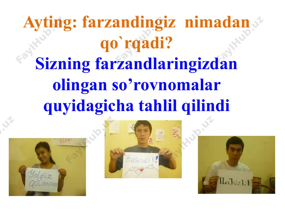 manzarani tasavvur etib, shu vaqtdagi qo`rquvni his etib ko`ramiz. bu hisni qanday boshqarilishini tushungani sari, bu faqat farzandingiz muammosi emasligini ham faxmlaysiz. avvaliga chaqmoqning gumburlagan ovozi, so`ng shamol g`uvillashi va daraxt barglarini derazaga qattiq urilishini tasavvur qilishi kerak. bu tovushlarni hayolan eshitib ham eti junjikadi. shunda chuqur nafas olib, tanasini bo`shashtirsin! har safar mana shu qo`rquv bilan yuzlashsa , u bilan hayolan suhbatlashib, nafas mashqi yordamida tinchlanishga harakat qilsin! har ishning hikmati bor! bizning qo`rquvlarimiz noaniq kelajakdagi voqea-hodisalarga qaratilgani bilan ham vahimaliroq ko`rinadi. misol uchun, ishdan bo`shatib yuborishsa nima qilaman, turmush o`rtog`im boshqasini topib olgan bo`lsa holim nima kechadi kabi savollarning noaniqligi ham qo`rquvga sabab bo`lishi mumkin. o`ylab ko`rilsa aslida har qanday ishning bir hikmati bor. ishdan bo`shatishsa, demak, qaerdadir siz uchun bo`sh ish o`rni bor... olishuvga tayyormisiz? siz musiqachi yoki notiqsiz. biroq jamoatchilik oldida iqtidoringizni namoyish etishdan qo`rqasiz. sizdagi qo`rquv hissi omadsizlikka uchrash bilan ifodalanadi. xo`sh, uni engish uchun …