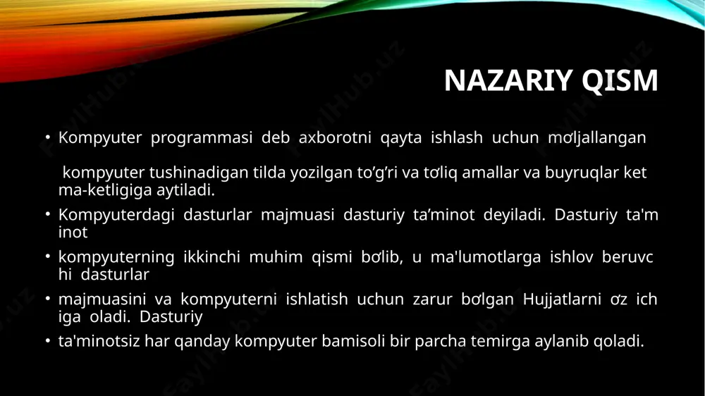 matn muharriri, elektron jadval, grafik dasturlar va hakazo). bundan tashqari, dasturiy ta'minot tarqatilishi va targ'ib qilinishi bo'yicha quyidagi 3 ta turga ajratiladi: software shareware freeware software shareware freeware software qiymati 100% to'langanidan keyin o'rnatilib, foydalaniladigan dasturiy ta'minot. shareware aprobasiya, ya'ni sinovdan o'tkazish muddatiga ega bo'lgan (odatda 7 kundan 40 kungacha, yoki bir necha bor kirib ishlashga) yoki imkoniyatlari cheklangan dasturiy ta'minot. undan foydalanib, zarurligi aniqlanganidan keyin xarid qilish mumkin. freeware mutlaqo bepul dasturiy ta'minot. aksariyat hollarda reklama sifatida yoki dasturchilarning ilk ishlanmalari tarqatiladi. _______________________ kompyuterga dasturiy ta'minotni o'rnatish jarayoni installyasiya deyiladi, uni o'chirish esa deinstallyasiya deb ataladi. biror bir dasturiy ta'minotni o'rnatishdan oldin sistema talablarini, ya'ni kompyuterga qo'yiladigan talablarni ko'rib chiqib, mosligini aniqlash lozim. agarda kompyuterning konfigurasiyasi dasturning sistemaga bo'lgan talablariga javob bermasa, u holda mazkur dastur ishlamaydi yoki noto'g’ri ishlaydi. dasturiy ta'minotni o'rnatishga mo'ljallangan nusxasi odatda zich holatdagi majmua shakliga ega bo'lib distributiv deb nomlanadi. distributiv aksariyat hollarda kompaktdiskda …