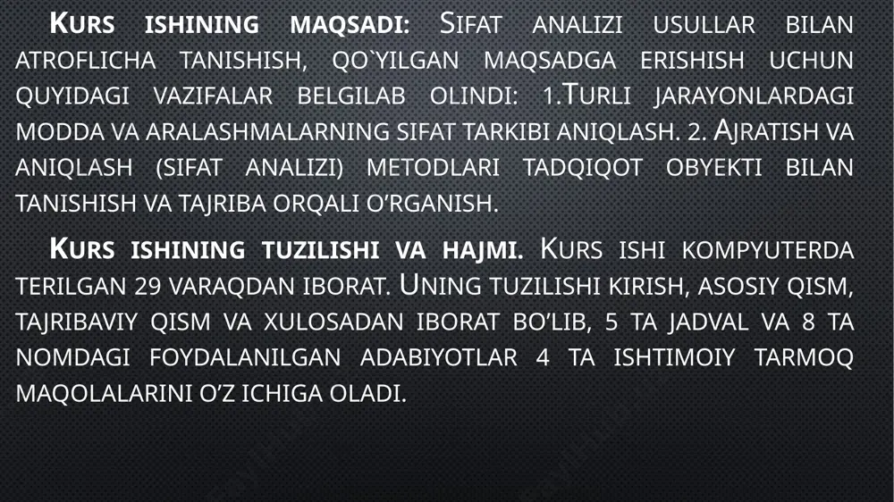 t ham qattiq holda bo’ladi. ho’l usuldagi analitik reaksiyalar eritmalarda o’tkaziladi. analitik reaksiyalar quruq ho’l xalaqit beruvchi ionlarni ketma – ket ajratib bajariladigan analiz-sistematik analiz hisoblanadi. sistematik analizda ta‘sir etuvchi reagent turiga qarab kationlar vodorod sulfidli, ammiak – fosfotli, kislota –asosli va boshqa usullarga bo’linadi. kationlarning alohida guruhlarga ajralishi ularning guruh reagentlariga bo’lgan munosabatiga asoslangan. barcha klassifikasiyalarda guruh reagentiga quyidagi talablar qo’yiladi. 1. guruh reagenti shu guruhga oid barcha ionlarni amaliy jihatdan to’liq cho’ktirish kerak. 2. analizning keyingi bosqichlarini o’tkazish uchun hosil bo’lgan cho’kma biror erituvchida oson erishi zarur. 3. guruhni barcha ionlari cho’ktirilgach, eritmada ortib qolgan guruh reagent eritmadagi boshqa ionlarning topilishiga xalaqit bermasligi lozim. kationlarni vodorod sulfidli analiz metodi bo‘yicha klassifikatsiyasi. kationlarni ammiak-fosfatli analiz metodi bo‘yicha klassifikatsiyasi. kationlarni kislota-asosli analiz metodi bo‘yicha klassifikatsiyasi. metal tuzlarining alangani boʻyashi, natriy tetraborat (bura) na2b407*10h20 yoki natriy ammoniy gidrofosfat nanh4hpo4*4h20 lar ba'zi metallarning tuzlari bilan qorishtirilganda rangli marvarid (shisha) hosil boʻladigan reaksiyalar …