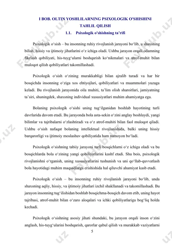 glash qobiliyatidan tortib, atrof-muhit bilan muloqot qilish qobiliyatigacha bo‘lgan barcha jihatlarni o‘z ichiga oladi. psixologik o‘sish – bu nafaqat bilish va tafakkur jarayonining rivojlanishi, balki his-tuyg‘ularni boshqarish, stressga bardoshlilik, ijtimoiy qoidalar va madaniy qadriyatlarga moslashish kabi ko‘nikmalarni ham o‘z ichiga oladi. bolalik yillari psixologik o‘sish uchun ayniqsa muhimdir. ushbu davrda bola atrof-muhitni idrok qilish, unda faoliyat yuritish va boshqalar bilan muloqot qilishni o‘rganadi. bola tug‘ilgan paytidan boshlab uning ruhiy rivojlanishi doimiy ravishda o‘zgarib, kengayib boradi. masalan, yangi tug‘ilgan chaqaloq asosiy ehtiyojlarini ifodalash uchun oddiy tovushlar va harakatlardan foydalanadi, vaqt o‘tishi bilan esa til va muloqot ko‘nikmalarini egallab, murakkab fikrlash qobiliyatini rivojlantiradi. psixologik o‘sishning birinchi yillarida oilaning o‘rni alohida ahamiyat kasb etadi. oila muhitidagi mehr, qo‘llab-quvvatlash va barqarorlik bolaning hissiy xavfsizligini ta’minlaydi, uning o‘ziga bo‘lgan ishonchini oshiradi va ijtimoiy ko‘nikmalarni rivojlantiradi. keyinchalik, ta’lim muassasasi va tengdoshlar bilan o‘zaro munosabatlar bolaning ruhiy rivojlanishida yangi bosqichlarni belgilaydi. bu jarayonda o‘qituvchilarning pedagogik yondashuvlari va …