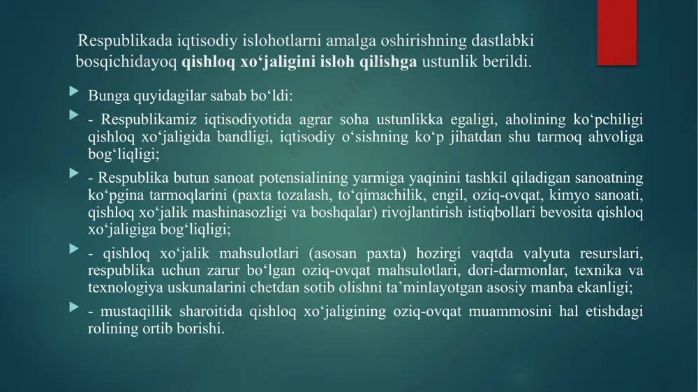 atdan rivojlangan va xalqaro miqyosda obro‘-e’tiborli mamlakatga aylantirishga xizmat qildi. o‘zbekistonda bozor iqtisodiyotiga o‘tishning tamoyillari va xususiyatlari o‘zbekistonda bozor munosabatlariga o‘tish yo‘li ijtimoiy-yo‘naltirilgan bozor iqtisodiyotini shakllantirishga qaratilgan. bu yo‘lni amalga oshirishga, iqtisodiyotni tubdan isloh qilishga birinchi prezidentimiz tomonidan ishlab chiqilgan quyidagi beshta muhim tamoyil asos qilib olingan: - iqtisodiyotni mafkuradan xoli qilish, uning ustunligini ta’minlash; - o‘tish davrida davlatning bosh islohotchi bo‘lishi; - butun yangilanish va taraqqiyot jarayoni qonunlarga asoslanishi, qonunlar ustuvorligining ta’minlanishi; - bozor munosabatlariga o‘tish bilan bir qatorda aholini ijtimoiy himoyalash sohasida kuchli chora-tadbirlarni amalga oshirish. - bozor munosabatlarini bosqichma-bosqich qaror toptirish. o‘zbekistonda bozor iqtisodiyotiga o‘tishning tamoyillari va xususiyatlari i.a.karimovning asarlarida bozor iqtisodiyotiga o‘tishning birinchi bosqichida quyidagi ikkita vazifani birdaniga hal qilish maqsad qilib qo‘yilganligi ta’kidlanadi: - totalitar tizimning og‘ir oqibatlarini engish, tanglikka barham berish, iqtisodiyotni barqarorlashtirish; - respublikaning o‘ziga xos sharoitlari va xususiyatlarini hisobga olgan holda bozor munosabatlarining negizlarini shakllantirish. shu vazifalarni hal qilish uchun birinchi bosqichda …