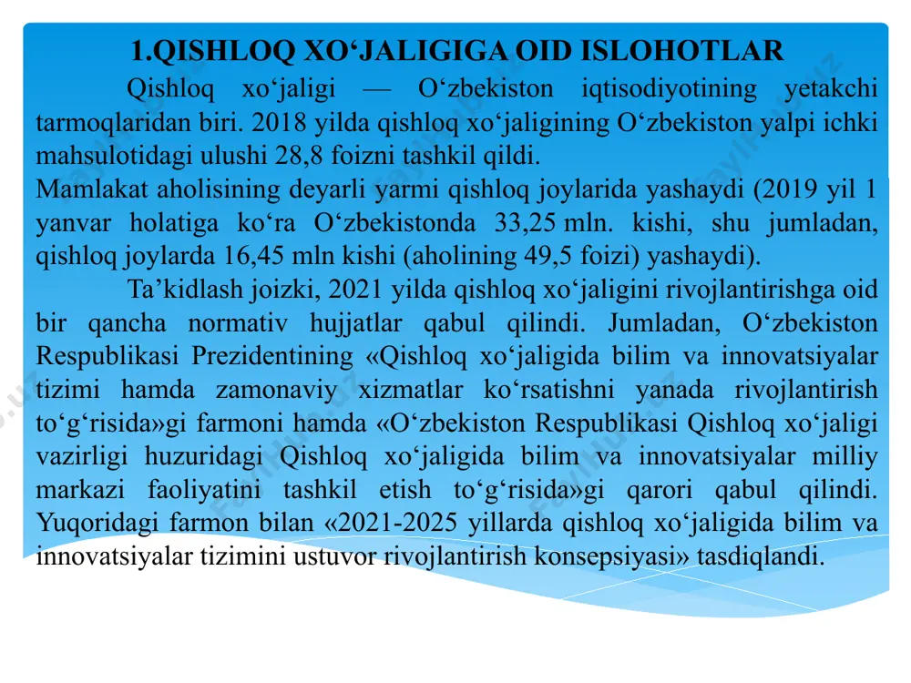 ligi ekinlarini joylashtirishda asosiy e’tibor uning hosildorligi, eksportbopligi, yaxlit maydonlarda yetishtirilishiga hamda kooperatsiya va klaster tizimi asosida mahsulot yetishtirish, uni qayta ishlash, saqlash va ichki va tashqi bozorlarga sotish tizimi yo‘lga qo‘yilishini o‘z ichiga oladi. jumladan, meva-sabzavot mahsulotlari eksportini oshirish uchun har bir viloyatda kamida bitta tuman hududini organik qishloq xo‘jaligi mahsulotlari yetishtirishga ixtisoslashtirish belgilandi. 2021 yil 1 sentyabrdan boshlab qishloq xo‘jaligi mahsulotlari yetishtiruvchilarga sertifikatlangan qishloq xo‘jaligi ekinlari urug‘lari va ko‘chatlarini xarid qilish uchun ajratiladigan tijorat banklarining kreditlari bo‘yicha tadbirkorlik faoliyatini qo‘llab-quvvatlash davlat jamg‘armasi mablag‘lari hisobidan ma’lum talablar asosida qoplab beriladigan bo‘ldi. yana bir muhim jihat, «arcgis» dasturi yordamida qishloq xo‘jaligi yerlarining asosiy va takroriy ekin turlari, hosildorlik darajasidan kelib chiqib, interfaol xaritada kuzatish imkoniyatiga ega yagona axborot bazasini shakllantirish hamda uning milliy geo-axborot tizimi bilan integratsiya qilinishi ta’minlanadigan bo‘ldi. bu esa, qishloq xo‘jaligi yerlaridan unumli foydalanishga hamda hosildorligi past yerlarning unumdorligini oshirishga qaratilganligi bilan ahamiyatlidir. 2. o‘zbekistonda qishloq xo‘jaligi …