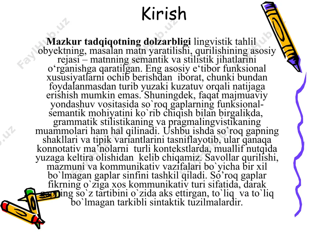 lgan tadqiq metodlari so`roq gapning semalar bo`yicha tahliliga asoslanadi. ishda yana so`roq gapni darak gapga transformatsiya qilish shaklida va konnotativ ma’nolarni namoyon qilish (konnotativ ma’nolarni denotativ darajaga gapni modal va boshqa vositalar bilan to`ldirish yo`li orqali ko`chirish) stilistik eksperiment metodlari qo`llaniladi. kontekstual tahlil doirasida konnotativ ma’nolarning ishlatilishini kuchaytiruvchi elementlar aniqlanadi. ishning ilmiy yangiligi badiiy bayonning ajralmas qismidagi, ya’ni muallif nutqi deb nomlanadigan, so`roq gapning matnda qo`llanilishining konnotativ belgilarini har taraflama ochib berishdadir. bu muammo hali-hanuz maxsus adabiyotda yoritilmagan va ingliz tilida umuman o`rganilmagan. 1. badiiy asar muallifi nutqidagi so`roq gaplardagi savolning denotativ ma’nosiga albatta konnotativ ma’nolar singdiriladi va ular bu yerda matn mazmundorligini tashkil etishda asosiy o`rinni egallaydi. 2. so`roq gaplar umuman turli-tuman konnotatsiyalarga boy, muallif nutqini turli kontekstlarda turlicha faollashtirish imkoniyatga ega. 3. badiiy matnning muallif nutqi strukturasining zarur elementi tagma’no hisoblanadi, va so`roq gaplar tagma’nosi konnotatsiyalarni tuzishning muhim vositasi bo`lish imkoniga ega. himoyaga olib chiqiladigan asosiy holatlar: so`roq …
