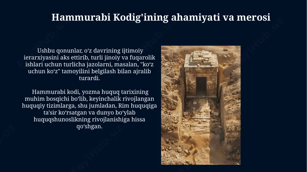 tartibni saqlash, jinoyatlar va fuqarolik huquqlarini tartibga solishga qaratilgan edi. hammurabi hududni rivojlantirishga katta e'tibor qaratdi, sug'orish tizimlarini yaxshilash orqali qishloq xo'jaligini rivojlantirdi va shu bilan bobilning iqtisodiy qudratini oshirdi. e'tiboringiz uchun rahmat @taqdimot_robot image5.jpg image6.jpg image7.jpg image8.jpg image9.jpg image10.jpg image11.jpg image12.jpg image13.jpg image14.jpg image1.jpg