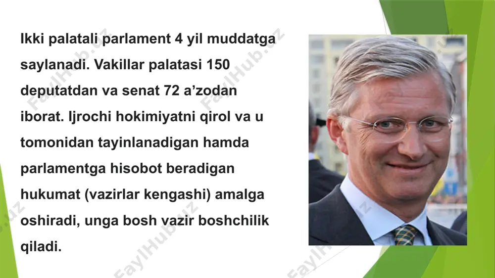 gi ikki daryo — maas va lis oqib oʻtadi, ularning yarmisida kemalar qatnaydi. transporti chetga avtomobil, toʻqimachilik, oziq-ovqat, kimyo, metallurgiya sanoati mahsulotlari, dori-darmon, qora va rangli metallar, qimmatbaho toshlar, asosan brilliant chiqariladi. chetdan asosan mineral mahsulotlar, neft, ruda, paxta tolasi, jun keltiriladi. tashqi savdodagi asosiy mijozlari — olmoniya, fransiya, niderlandiya, buyuk britaniya. pul birligi — b. franki. etiboringiz uchun rahmat!!! image1.png image2.png image3.jpeg image4.jpeg image5.jpeg image6.jpeg image7.jpeg image8.jpeg image9.jpeg image10.jpeg /docprops/thumbnail.jpeg