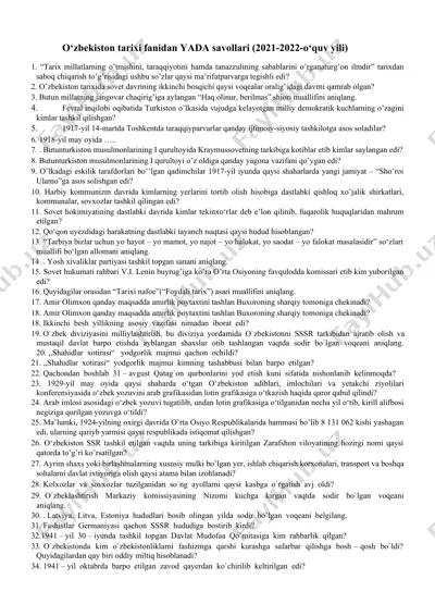 o'zbekiston tarixi fanidan savol — DOCX