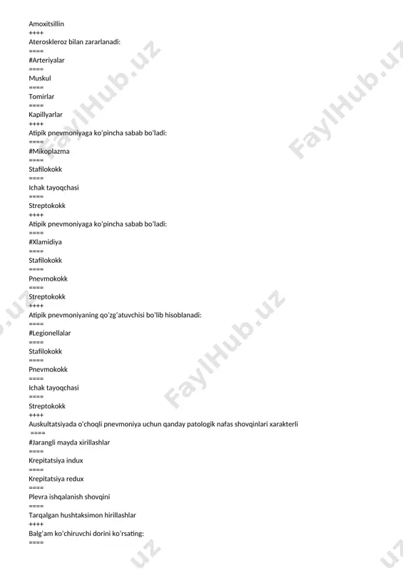 asosiy ekg belgisi: ==== #i, v-5, v-6 uzatmalarda r tishcha amplitudasi balandligi ==== t tishcha yo'ligi ==== q-t intervali uzayishi ==== ii, v-3, v-4 uzatmalarda r tishcha balandligi ==== v-3, v-4, avl uzatmalarda manfiy t tishcha ++++ chap qorincha gipertrofiyasini aniqroq ko`rsatuvchi tekshiruv usuli: ==== #exokardiografiya ==== rentgenologik tekshiruv ==== fkg ==== perkussiya ==== ekg ++++ chap qorincha gipertrofiyasining asosiy ekg belgilari: ==== #r tishcha amplitudasi baland i. v5, v6, avl larda ==== p tishchaning yo`qligi ==== t tishchaning yo`qligi ==== q-t intervalning uzayishi ==== r tishcha amplitudasi baland ii. v1, v2 larda ++++ chegaraviy arterial gipertenziyani ko'rsating: ==== #140/90 - 159/94 mm. sim. ust. ==== 110/60 - 139/89 mm. sim. ust. ==== 130/90 - 144/94 mm. sim. ust. ==== 150/90 - 169/94 mm. sim. ust. ==== 170/100 - 189/144 mm.sim. ust. ++++ ekssudativ perikardit bilan yurak chegaralari ko'payadi ==== #barcha yo'nalishlarda ==== pastga ==== chapga ==== o'ngga ==== barcha …