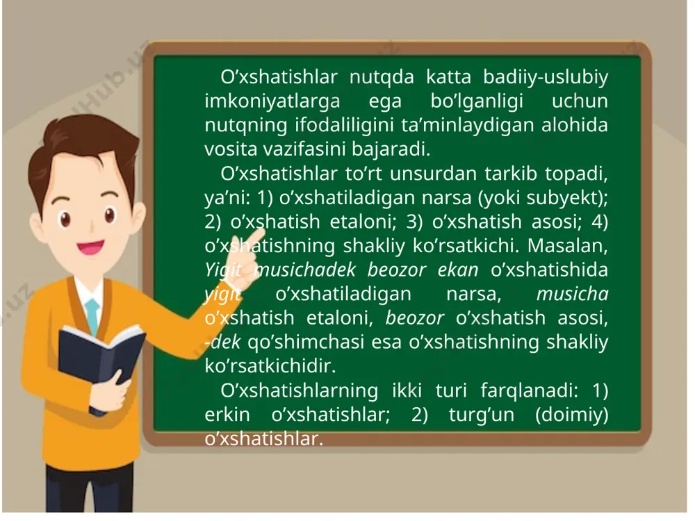 ko’pincha nutqning qaysi shaklida kuzatiladi? ko’chma ma’no va emotsional-ekspressiv bo’yoq haqida nimalarni bilasiz? ko’chimlarning qanday turlarini bilasiz? kinoya deganda nimani tushunasiz? kinoyaviy qo’llangan so’z yoki iboraning og’zaki va yozma nutqda qo’llanishi to’g’risida nimalarni bilasiz? o’xshatishning qanday turlari bor va u qaysi tarkibiy unsurlardan tashkil topadi? 1-topshiriq. berilgan so’z va ibora juftliklari ishtirokida gaplar tuzing. shun dan kelib chiqib so’z va iboraning ifodalilik imkoniyatlarini tavsiflang. 1) xafa – ichiga chiroq yoqsa yorimaydigan; 2) xursand – og’zi qulog’ida; 3) sho’x – yerga ursang ko’kka sapchiydigan; 4) lallaygan – og’zing qani desa qulog’ini ko’rsatadigan; 5) yuvosh – qo’y og’zidan cho’p olmagan; 6) hovliqmoq – o’pkasini qo’ltiqlamoq 2-topshiriq. matnni o’qing. ko’chimlarning turini aniqlang, ularning nutq ifodaliligini ta’minlashdagi o’ziga xosligini tavsiflang. kech kirib, qosh qoraya boshladi. daraxt shoxlarini shirtillatib uzguday yoqqan yomg’irning tinganiga ancha bo’ldi-yu, osmon pardasi ochilmadi. qoramtir bulutlar quyuqlashib, tobora pastlamoqda, azim daryodek sharqqa tomon oqib bormoqda. havodagi gard-g’uborni yuvib, tanga rohat baxsh …