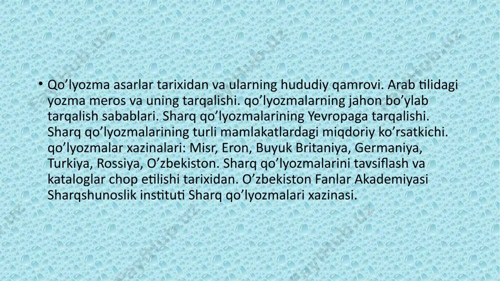 tobini arab tiliga tarjima qilgan va uni o’zining yangi ma’lumotlari bilan boyitgan. “kitobi surat al-arz” (“yer tasviri kitobi”) asarida kaspiy dengizi yoki xorazm dengizi haqida qimmatli ma’lumotlar bor. ushbu tarixiy jug’rofiyaga oid asardagi o’rta osiyoga oid ma’lumotlar katta ilmiy ahamiyatga ega. kitobning 937 mklodiy, hijriy 428 yili ko’chirilgan mo’‘tabar qo’lyozmasi yuizgacha yetib kelgan bo’lib, unga turli xaritalar chizib ilova qilingan. ushbu mo’‘tabar qo’lyozma matni 1926 yili sharqshunos h.m.mjik tomonidan leyptsigda nashr qilingan. kitobni o’zbek tiliga a.ahmedov tarjima qilib, ilmiy sharhlar bilan 1983 yili chop etgan. “kitob al-mag’oziy” kitob muallifi madoiniy abulhasan ali ibn muhammad (vaf. 840 y.) arabiston, xuroson va movarounnahrning vii-viii asr boshlaridagi ijtimoiy-siyosiy tarixiga oid ikki yuzdan ziyod asar yozgan yirik arab tarixchi olimidir. “axbor al-xulafo”(“xalifalar haqida xabarlar”), “kitob al-mag’oziy” (“urushlar haqida kitob”), “kitob futuh ash-shom” (“shomning bosib olinishi haqida kitob”), “tarix al-buldon” (“mamlakatlar tarixi”) ana shu asarlar jumlasidandir. “kitob al-mag’oziy” eron, afg’oniston va o’zbekistonning arablar istilosi va …