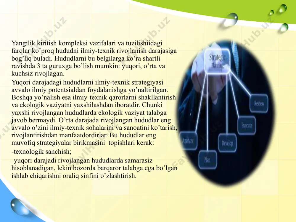 va indikativ rejalashtirish mavjud. direktiv - bu mamlakat rahbariyatining siyosiy irodasiga mos keladigan va qonunlar, farmonlar, farmoyishlar, ko'rsatmalar orqali amalga oshiriladigan, keyinchalik ma'muriy nazorat o'rnatilgan maqsad va vazifalarni majburiy amalga oshirish uchun buyruqbozlik va ma'muriy dastaklar yordamida qat'iy rivojlanishni rejalashtirishdir. ularning amalga oshirilishi. strategik rejalashtirish - bu korxona faoliyatining eng muhim maqsadlarini va korxonani ijtimoiy-iqtisodiy rivojlantirishning asosiy, eng muhim yo'nalishlari bo'yicha ko'rsatkichlar qiymatlarini aniqlash usuli, shuningdek usul. uzoq muddatli istiqbolda ushbu maqsadlarga erishish uchun vositalar va resurslarni ishlab chiqishni ta'minlaydigan mexanizmlarni shakllantirish. (strategik rejalashtirishning maqsadlari raqobatbardoshlikni oshirish, mahsulotlarning moddiy va energiya sarfini kamaytirish, innovatsion va investitsiya faoliyatini faollashtirish va yangi bozorlarni egallashdan iborat.) indikativ rejalashtirish - bu aniq iqtisodiy vaziyatni hisobga olgan holda ko'rsatkichlarni amalga oshirish orqali qisqa va o'rta muddatli istiqbolga mo'ljallangan strategik rejada belgilangan maqsad va vazifalarni amalga oshirishning asosiy ishchi vositasi. rejalashtirishning bu shakli qat'iy direktiv xarakterga ega emas. strategik, joriy (taktik), operativ va ishlab chiqarishni rejalashtirishning …