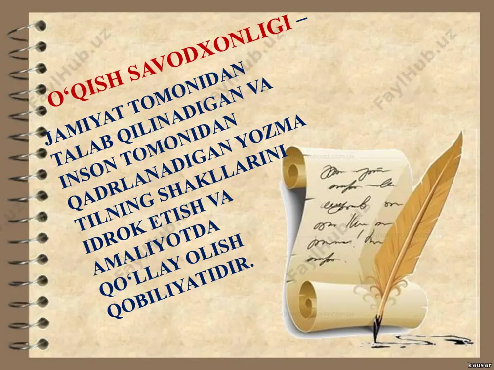 nazariy bilimlarni амаliyotda qo‘llash •ахborot oluvchi mаnbalardan (kompyuter, telefon, televizor, internet) sамаrali foydalanish •uyida o‘zining shaxsiy kutubxonasini tashkil qilish •yosh va psixofiziologik xususiyatlariga mos keluvchi darslikdan tashqari badiiy adabiyotlarni o‘qish http://rtm.uz/rtm/allsub/43?smenu=8092 http://rtm.uz/rtm/allsub/43?smenu=8092 o‘quvchilarni savol berishga o‘rgatish matn ustida ishlashda yaxshi natija beradi. metodist olimlarning fikricha, to‘g‘ri berilgan savolda yarim javob tayyor bo‘ladi. o‘quvchilar matnni ongli o‘zlashtira olsalargina, matn yuzasidan savol bera oladilar. o‘quvchilarga savol berishni o‘rgatishni 2-sinfdan boshlash maqsadga muvofiqdir - o‘qish fanlarni o‘qitishda zamonaviy pedagogik texnologiyalar, interaktiv metodlardan samarali foydalanish; - o‘qitish jarayonida fanlararo integratsiyani kuchaytirish, fanni turli sohalarga va hayotiy jarayonlarga bog’lab o’qitish; - sinfdan tashqari fan to‘garaklarida o‘quvchilarning kognitivlik va kreativlik xususiyatlarini rivojlantirishga yo‘naltirilgan mavzularda mashg‘ulotlar olib borish va o‘quv topshiriqlarini yaratish; - matnlar yoki gazeta va jurnallarda keltirilgan ma‘lumotlar asosida o‘quvchilar uchun topshiriqlar tayyorlash va o‘qish savodxonligini oshirish mumkin. «qalin va ingichka savollar» metodi «ingichka” savollar «qalin” savollar bitta so’zdan iborat javob berish mumkin bo’lgan savollar, …