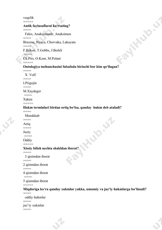 liya, afina ==== makedoniya, samarqand, buxoro ==== gresiya, rim, samarqand ==== rim, xindiston, xitoy +++++ ioniya qayerdagi shahar? ==== yunonistondagi ==== misrdagi ==== bobilgi ==== rimdagi +++++ protagor fikricha inson bu..... ==== barcha narsalar mezonidir ==== buyuk qudrat egasi ==== aqlli jonzot ==== eng oliy mavjudot +++++ narsalar va hodisalarning tarkibiy qismlari o‘rtasidagi qonuniy aloqa usuli nima? ==== struktura ==== sistema ==== element ==== tizim +++++ “kategoriyalar” risolasi muallifi kim ? ==== aristotel ==== suqrot ==== platon ==== empidokl +++++ argumentasiyaga qarama-qarshi bo‘lgan mantiqiy jarayon qaysi? ==== tanqid ==== gipoteza ==== faraz ==== kontrargumentasiya +++++ hukmning asosiy vazifasi qanday? ==== predmet bilan uning xususiyati, predmetlar o‘rtasidagi munosabatlarni ko‘rsatish ==== predmet bilan faktni ko‘rsatish ==== muloxazalar orasidagi munosabatni ko‘rastish ==== asoslarni aniqlash +++++ dunyo zamirida materiyadan oldin paydo bo‘lgan va uni yaratuvchi ideal narsalar va hodisalar yotadi, degan fikrni himoya qiluvchilar qanday ataladi? ==== idealistlar ==== agnostiklar ==== gnostiklar ==== materialistlar …