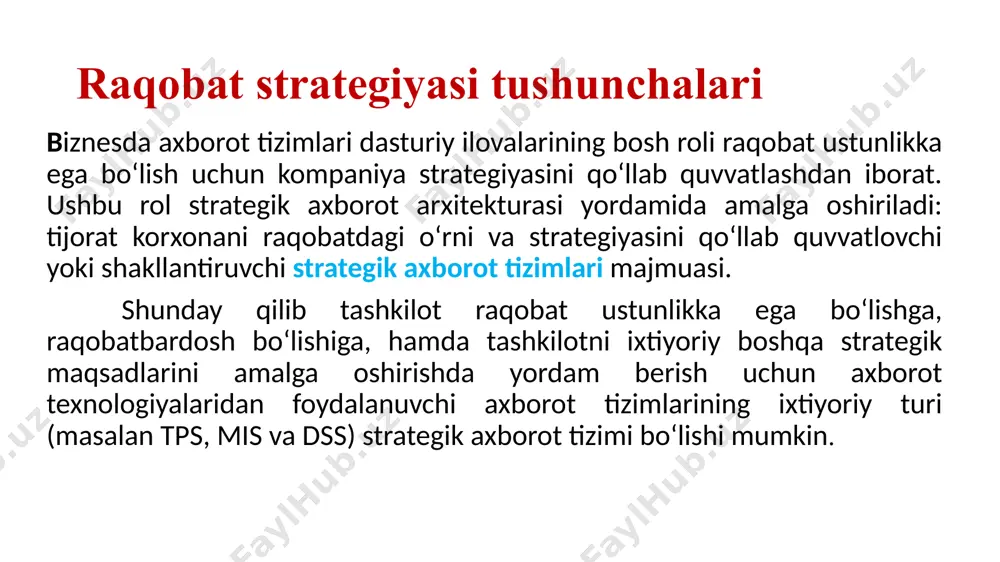 i amalga oshirishni ham oʻz ichiga olishi mumkin. oʻsish strategiyasi. tovarlarni ishlab chiqarish va xizmat koʻrsatish boʻyicha kompaniya quvvatini keskin kengaytirish, hamda global bozorga chiqish, yangi mahsulotlar ishlab chiqish va yangi xizmatlar koʻrsatish yoki hamroh tovarlar va xizmatlarga integratsiyalash. strategiyalar alyansi. mijozlar, ta’minlovchilar, raqobatchilar va boshqa kompaniyalar bilan birga yangi ishchi aloqalar va ittifoqlarni oʻrnatish. bu esa virtual kompaniyalarni paydo boʻlishiga olib keladi. boshqa strategik tashabbuslar narxlar ustunligi, differensiatsiya, innovatsiyalar, oʻsish va alyans beshta asosiy strategiyalarga qoʻshimcha tarzda firmalar uchun koʻplab strategik tashabbuslar mavjud. axborot texnologiyalari yordamida amalga oshirilishi mumkin boʻlgan bir nechta tayanch strategiyalarni koʻrib chiqamiz. ular oʻz tarkibiga mijozlar yoki yetkazib beruvchilarni blokirovkalash, sohani oʻzgartirish uchun qurilish xarajatlari, kirish uchun baryerlarni koʻtarish, hamda axborot texnologiyalarida investitsiyalardan foydalanishdir. beshta asosiy ustunlik strategiyalarni realizatsiya qilish uchun axborot texnologiyalaridan qanday foydalanish mumkinligi toʻgʻrisida qisqa ma’lumot. axborot texnologiyalaridan biznesda foydalanish asosiy strategiyalari xarajatlarni kamaytirish uni yordamida biznes jarayonlarni narxini keskin pasaytirish mumkin. …