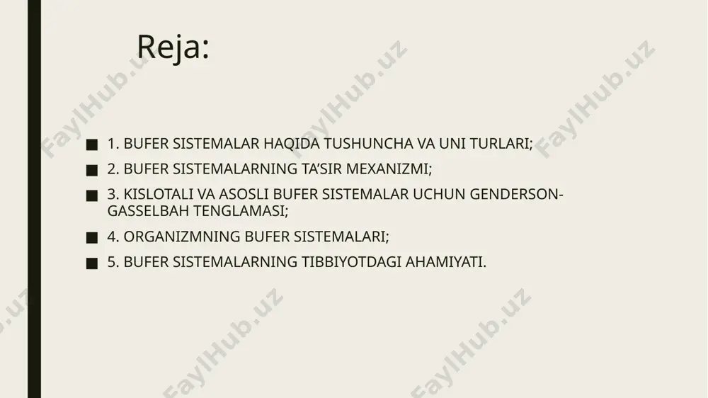 maning hajmi; l ph0 - boshlang’ich muhit phi ph1 - ohirigi muhit phi organizmning gidrokarbonatli bufer sistemalari gidrokarbonatli bufer sistema - qonning asosiy bufer sistemasi: h2co3 h+ + hco3- nahco3 na+ + hco3- oz miqdorda kuchli kislota qo’shilganda kuchsiz elektrolit h2co3 hosil bo’ladi: h+ + hco3- = h2co3 oz miqdorda kuchli asos qo’shilganda kuchsiz elektrolit h2o hosil bo’ladi: oh- + h+ = h2o gidrokarbonat ion ko’rinishida bog’langan karbonat angidrid miqdori qonning ishqoriy jamg’armasi deyiladi. organizmning fosfatli bufer sistemalari fosfatli bufer sistema - hujayra ichidagi suyuqliklarning asosiy bufer sistemasi: nah2po4 na+ + h2po4- na2hpo4 2na+ + hpo42- oz miqdorda kuchli kislota qo’shilganda kuchsiz elektrolit h2po4- hosil bo’ladi: h+ + hpo42- = h2po4- oz miqdorda kuchli asos qo’shilganda kuchsiz elektrolit h2o va hpo42- hosil bo’ladi: oh- + h2po4- = h2o + hpo42- buyrak asos kislota boshqarilishi organizmning oqsilli bufer sistemalari oqsilli bufer sistema - barcha to’qimalardagi bufer sistema ptcooh ptcoo- + h+ …