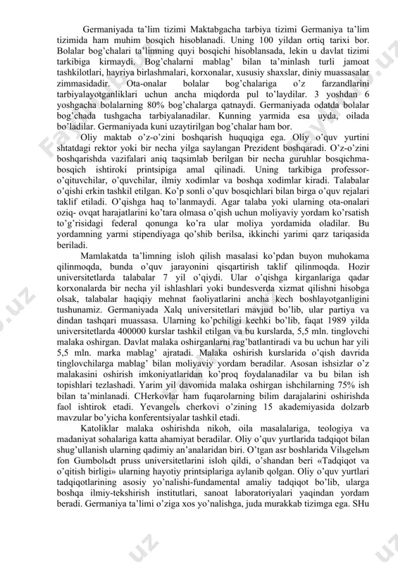 ar 45 minut. oliy maktabda darsning davomiyligi 50 minutga teng. bu yerda ikki muhim jihatga to’xtalib o’tish zarur. oliy maktabga, albatta, kirish imtihonlari topshirib kiriladi, o’qishlar pullik. boshlang’ich maktabda 9 ta fan o’qitiladi. koreys tilini o’rganishga alohida e’tibor beriladi. bundan tashqari arifmetika, ayrim ijtimoiy fanlar ham o’qitiladi. o’rta maktabda fanlar yana 4 taga ko’paytirilgan. 7- sinfdan boshlab chet tillar o’rgatiladi. mamlakatda ingliz tiliga e’tibor kuchli. ko’pchilik bu tilda bemalol gaplasha oladi. chet tillarni o’qitishga haftasiga 4—5 soat ajratilgan. koreyslar yana bir tilni — klassik xitoy tilini majburiy ravishda o’rganadilar. 8-sinfdan boshlab xitoy tarixi o’rganiladi. hunar maktablari koreyada 600 tani tashkil etadi. bu maktablarning 45 foizi bo’lajak mulkdorlarni tayyorlaydi, 23 foizida texnik kasb egalari yetishib chiqadi. qolgan maktablarda dengizchilik, qishloq xo’jalik ixtisoslari o’zlashtiriladi. shunisi diqqatga sazovorki, bu maktablarga korxonalar otaliq qiladilar. ta’lim haqidagi qonun talablaridan biri shudir. koreyada ham alohida iqtidorli bolalarga e’tibor kuchli. so’nggi yillarda 5 ta sport, 6 ta …