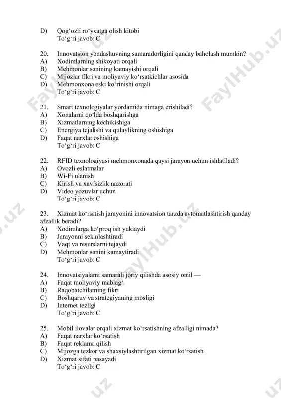 mat ko‘rsatish qaysi turdagi innovatsiyaga kiradi? a) boshqaruv innovatsiyasi b) axborot-kommunikatsiya innovatsiyasi c) texnologik eskirish d) moliyaviy innovatsiya to‘g‘ri javob: b 28. mehmonxonada "aqlli xona" kontseptsiyasi nimani anglatadi? a) oddiy xona dizayni b) harorat, yorug‘lik va xavfsizlikni avtomatik boshqarish c) faqat tozalangan xona d) ovoz chiqaradigan xona to‘g‘ri javob: b 29. yashil energiyadan foydalanish qaysi innovatsiya turiga kiradi? a) ijtimoiy innovatsiya b) ekologik innovatsiya c) dizayn innovatsiyasi d) faqat moliyaviy innovatsiya to‘g‘ri javob: b 30. innovatsiyalar mehmonxona obro‘siga qanday ta’sir ko‘rsatadi? a) obro‘ni pasaytiradi b) faqat tanqidni oshiradi c) obro‘ni oshirib, brend qiymatini kuchaytiradi d) mehmonlar sonini kamaytiradi to‘g‘ri javob: c 31. mehmonxonada mijoz fikrini avtomatik yig‘ish tizimi qanday innovatsiyaga kiradi? a) texnologik innovatsiya b) moliyaviy innovatsiya c) arxitektura innovatsiyasi d) ma’muriy innovatsiya to‘g‘ri javob: a 32. xonalarni onlayn tarzda bron qilish qanday afzallik beradi? a) har doim band bo‘lib qoladi b) xarajatlar ko‘payadi c) mijozlarga qulaylik yaratadi va vaqt …