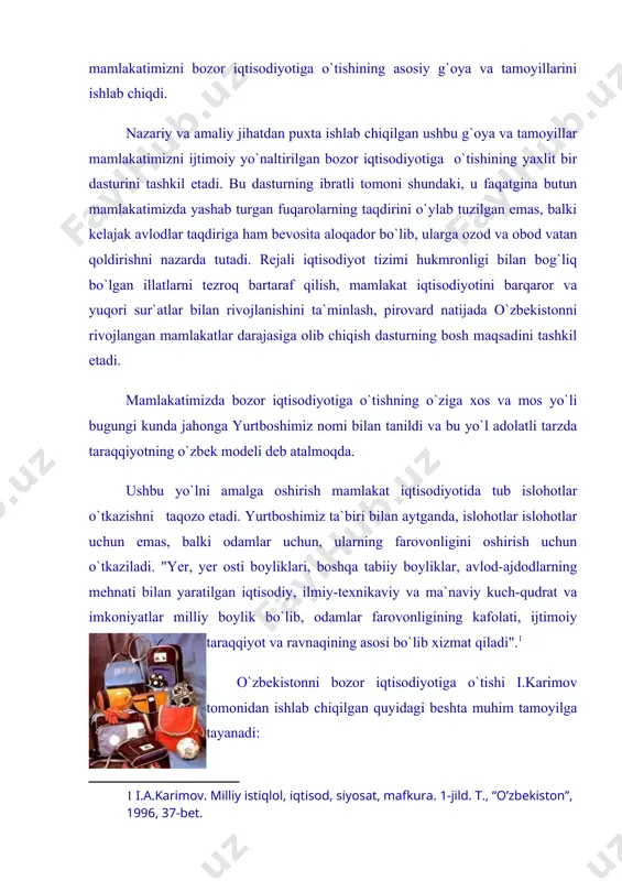 mentaliteti va an`analari hamda islohotlarning u yoki bu bosqichdagi o`zgarishlarga tayyorgarlik darajasini hisobga olish; -bozor iqtisodiyoti tizimiga asoslangan rivojlangan davlatlarning boy tajribasidan mamlakatning o`ziga xos xususiyatlarini nazarda tutgan holda foydalanish. mamlakatimizda bozor iqtisodiyotiga o`tishning o`zbek modeliga binoan mulkni davlat tasarrufidan chiqarish, ko`p ukladli iqtisodiyotni barpo qilish islohotlarning ustivor yo`nalishi deb belgilandi. iqtisodiy islohotlarni amalga oshirishning dastlabki 10 yillik tajribasi shuni ko`rsatadiki, yangilanish va taraqqiyot dasturida belgilangan ko`pgina ishlarni amalga oshirishga muvaffaq bo`lindi. qisqa vaqt ichida yaratilgan mustahkam huquqiy me`yorlar negizida bozor iqtisodiyotiga bosqichma-bosqich kirib, barqaror iqtisodiy taraqqiyotga erishildi. fikrimizning dalili sifatida bir necha misollar va raqamlarni keltiramiz. 2000 yilda korxona va xo`jaliklarning 88 foizini xususiy mulk, aktsiyadorlik jamiyatlari, qo`shma korxonalar, kooperativlar va shirkat xo`jaliklari tashkil etdi. iqtisodiyotda band bo`lganlarning 76 foizi, yalpi ichki mahsulot ishlab chiqaruvchilarning 70 foizi, sanoat bo`yicha 65,4 foizi va qishloq xo`jalik mahsulotlari etishtiruvchilarning 99 foizi nodavlat sektoriga to`g`ri keldi. 1997 yildan boshlab yalpi ichki mahsulotning 4-5 …