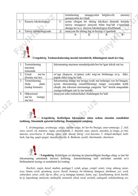 hlar va mikrosistemalarni aniqlash; 5) talabalarni leksikaga oid nazariy bilimlar bilan qurollantirish, ularda leksik-semantik tahlil ko‘nikmalarini shakllantirish. to‘g‘ri javob: 1 2 3 4 5 4-test 1. umumiy leksikologiyada a ayrim olingan bir tilning, masalan, o‘zbek tilining leksikasi static holatda - shu til leksikasining avvalgi (o‘tmishdagi) taraqqiyot dinamikasiga bog‘lanmay o‘rganiladi, shunga ko‘ra u sinxron leksikologiya sanaladi 2. tavsifiy leksikologiya v barcha tillarning lug‘at boyliklaridagi umumiy holatlar,bu tizimlarning taraqqiyotini belgilovchi umumiy qonuniyatlar ko‘riladi. 3. xususiy leksikologiya c ayrim olingan bir tilning leksikasi dinamik holatda- tarixiy taraqqiyot jarayoni bilan bog‘lab o‘rganiladi, shunga ko‘ra u diaxron leksikologiya hisoblanadi 4. tarixiy leksikologiyada d muayyan bir tilning lug‘at boyligi o‘rganiladi 1- 2- 3- 4 - 3-topshiriq. tushunchalarning mosini tutashtirib, bilimingizni sinab ko‘ring 1. terminlarning mazmun tomonida leksemaning mazmun mundarijasida bor bo‘lgan leksik ma’no. 2. uzual ma’no (lisoniy ma’no) so‘zga (hujayra, to‘qima) yoki turg‘un birikmaga (o‘q ildiz, popuk ildiz) teng bo‘ladi. 3. terminlarning ifoda plani (tashqi formasi) …