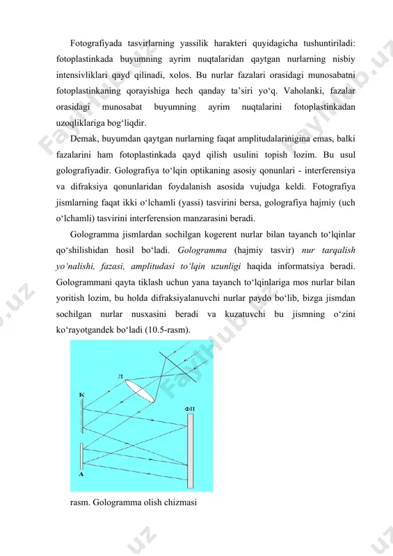 sochuvchi obektlarni, masalan, metall konstruksiyalarning korroziya bilan qoplanishini beton balkalari, avtomabil pokrishkalari va shunga o‘xshashlarni tekshirishga imkon berdi. agar bunday obektning deformatsiyasini o‘rganish lozim bo‘lsa, u holda gologramma yordamida uning uch o‘lchamli tasviri hosil qilinadi va bu tasvir obekt bilan qo‘shiladi. bunda obekt va gologrammani, gologramma olish vaqtida qo‘llanilgani singari, yorug‘lik bilan yoritiladi. endi tasvirning yorug‘lik bilan jismdan qaytgan yorug‘lik interferensiyalanadi, chunki ular kogerentdir (3.28-rasm). agar obekt o‘z shaklini bir oz o‘zgartirgan bo‘lsa, u holda golografik tasvir bilan obektdan qaytgan nurlar orasida yo‘l farqi yuzaga keladi, natijada obekt shaklining o‘zgarishini xarakterlovchi interferensiya polosalari paydo bo‘ladi. golografik interferensiyani kuzatishning boshqa usuli ham mavjud. fotoplastinkaga jismning turli ikki holatdagi ikki gologrammasi ketma-ket «yoziladi». «qo‘shaloq» gologrammani yoritishda tiklangan tasvirlarning to‘lqinlari interferensiyalanadi va jism sirtida xuddi birinchi holdagidek, obekt holati o‘zgarishini harakterlovchi manzara hosil bo‘ladi. tovush to‘lqinlari yordamida ham gologrammalar olish mumkin. kogerent tovush to‘lqinlari ilgaridan ma’lum, ultratovush yordamida juda katta obektlarni yoritish mumkin. …