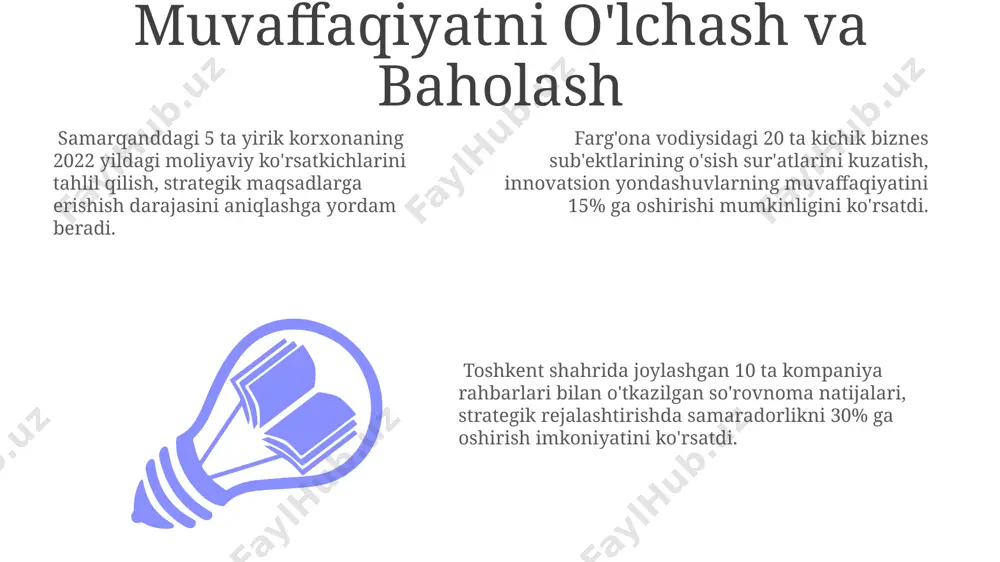 moa bilan ishlash samaradorligini 20% ga oshirish uchun, aniq maqsadlar va 3 bosqichli motivatsiya tizimi joriy etildi. toshkent shahridagi loyihada, 10 ta guruhga bo'lingan 150 nafar mutaxassisning jamoaviy ishi natijasida, 3 oy ichida rejalashtirilgan ishlarning 95% i bajarildi. bu jamoaviy ish va motivatsiyaning ahamiyatini ko'rsatadi. andijon viloyatida joylashgan korxonada, 7 dan ortiq xizmat ko'rsatish darajasiga ega bo'lgan 35 nafar xodimlar jamoasida yuqori darajadagi motivatsiya tufayli 15% ga yuqori foyda ko'rsatkichiga erishildi. muloqot va hamkorlik toshkent shahridagi 3 ta yirik korxona o‘rtasidagi muloqot va hamkorlik natijasida 15% ga samaradorlik oshganligi aniqlangan. strategik liderlikni ta’minlashda samarqanddagi 50 dan ortiq kompaniyaning 2022 yildagi muloqot va hamkorlik tajribasi muhim rol o‘ynaydi. muloqot va hamkorlikning sifatini yaxshilash bo‘yicha andijon viloyatida o‘tkazilgan 7 ta trening natijalari 2023 yil hisobotlarida qayd etilgan. strategik rejalashtirish va amalga oshirish 2024 yil uchun belgilangan 10 ta strategik maqsadga erishish uchun aniq vazifalarni belgilash va ularni bosqichma-bosqich amalga oshirish buxoro viloyatining …