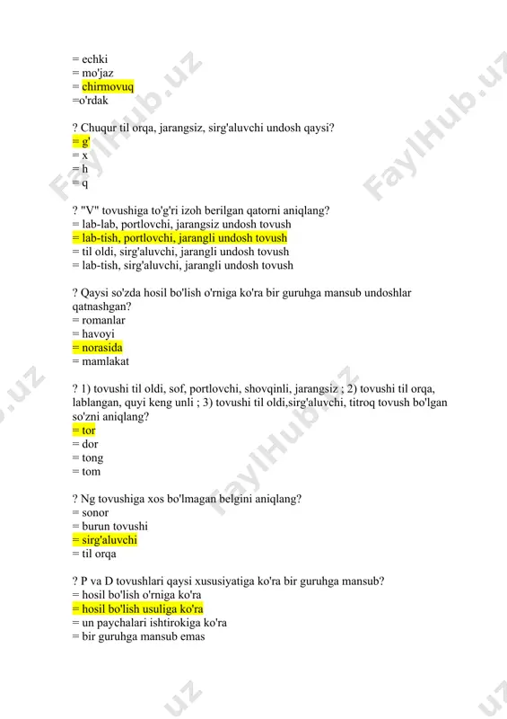sima = kashtachi = astronomiya ? qaysi so'zda til undoshi lab undoshi singari talaffuz qilinadi? = manmanlik = qamchin = ingichka = tartib ? qaysi qatordagi so'zda faqat jarangsiz juftiga ega bo'lgan undoshlar qatnashgan? =mabodo = dabdabali = vijdon = gavda ? hosil bo'lish o'rniga ko'ra bir guruhga mansub sonorlar qaysi so'zda ishtirok etgan? = vafo = mening = orollarda = ashula ? faqat sirg'aluvchi undoshlar ishtirok etgan so'zni aniqlang? = sichqon = vazifa = ashulani = lazgi ? kuy avjida uzilmasin tor, she'r yarmida sinmasin qalam. faqat jarangli undoshlar ishtirok etgan yopiq bo'g'inlar sonini aniqlang? = 4ta = 3ta = 2ta = 5ta ? yer ochganning baxti ochilar. til undoshlarini aniqlang? = 1ta til o'rta, 7ta til oldi, 3ta til orqa = 1ta til o'rta, 8ta til oldi, 2ta til orqa 1ta chuqur til orqa = 1ta til o'rta, 9ta til oldi1ta til orqa, 1ta chuqur til orqa = …