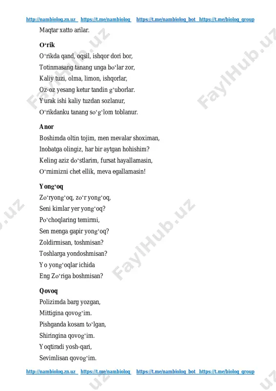 asin! yong‘oq zo‘ryong‘oq, zo‘r yong‘oq, seni kimlar yer yong‘oq? po‘choqlaring temirmi, sen menga gapir yong‘oq? zoldirmisan, toshmisan? toshlarga yondoshmisan? yo yong‘oqlar ichida eng zo‘riga boshmisan? qovoq polizimda barg yozgan, mittigina qovog‘im. pishganda kosam to‘lgan, shiringina qovog‘im. yoqtiradi yosh-qari, sevimlisan qovog‘im. http://nambiolog.zn.uz/ https://t.me/nambiolog https://t.me/nambiolog_bot https://t.me/biolog_group http://nambiolog.zn.uz/ https://t.me/nambiolog https://t.me/nambiolog_bot https://t.me/biolog_group http://nambiolog.zn.uz https://t.me/nambiolog https://t.me/nambiolog_bot https://t.me/biolog_group http://nambiolog.zn.uz https://t.me/nambiolog https://t.me/nambiolog_bot https://t.me/biolog_group manti, somsa, sho‘rvada, to‘yimlisan qovog‘im. mevalar o‘rik, olma, shaftoli, ayni yozda pishadi, essa yozning shamoli, yerga to‘p-to‘p tushadi. bog‘im serhosil juda, sharbat ichgan mevalar, asalga yo‘qdir hojat, qand, novvotga egalar. gilos men gilosman quloq sol, rangim bolu, totim bol. topsang qo‘shalog‘imni, qulog‘ingga taqib ol. (topishmoqlarga to‘g‘ri javob bergan o‘quvchilar dehqonbobo tomonidan bittadan meva bilan taqdirlanadilar). 2-boshlovchi: aziz o‘quvchilar vitaminlarga boy o‘simliklar haqida qanday ma’lumotlarni bilasiz? (o‘quvchilar meva va sabzavotlarning foydali xususiyatlari haqida ma’lumot beradilar). olxo‘ri - o‘zida ko‘p kislota va shakarni saqlashi sabab, uni quyidagi kasalliklardan aziyat chekuvchilarga iste’mol qilish tavsiya qilinmaydi. qandli diabet, …