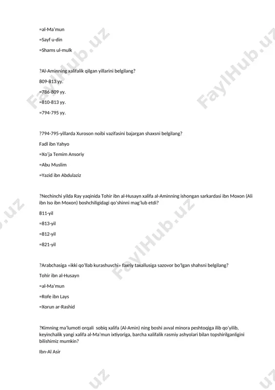 819-yilda bag‘dod shahri hamda al-jazira (mesopotamiyaning janubiy qismi) viloyatining hokimi etib tayinlagan shahs 821- yilda qaysi hududga hokim etib tayinlangan? xuroson =nishopur =suriya =dabusiya ?821-873-yillarda eron, movarounnahr hamda xuroson hududida hukmronlik qilgan sulolani belgilang? tohiriylar =toharlar =somoniylar =afrig’iylar ?talha ibn tohir hukmronlik qilgan yillarni belgilang? 822-830 yy. =809-828 yy. =830-844 yy. =819-830 yy. ?talha ibn tohir kimning boshchiligidagi qo‘shin bilan 822-yili ustrushonaga yurish qilib, uni butkul bo‘ysundirdi? ahmad ibn abdulhamid =nasr ibn sayyor =qutayba ibn muslim =tohir ibn husayn ?tohiriylar sulolasi hukmronligi davrida talha ibn tohirdan so’ng taxtga o’tirga hukmdorni hukmronlik yillarini belgilang? 830-844 yy. =819-830 yy. =822-830 yy. =809-828 yy. ?«kitob al-kuniy» qanday qonunlar to’plami hisoblanadi? suv taqsimoti =yer taqsimoti =hiroj undurush haqida =vassal hududlarning majburiyatlari haqida ?muhammad ibn tohir hukmronlik qilgan yillarni belgilang? 862-873 yy. =844-862 yy. =828/830-844 yy. =821-822 yy. ?safforiylar qanday hunar bilan shug’ullanishgan? misgar =zargar =etikdo’z =qaffol ?yoqub ibn lays nechinchi yilda xalq harakatlaridan foydalanib …
