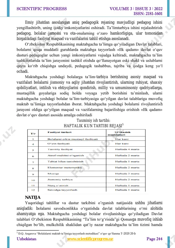 kamizning o‘ziga xos tomonlarini: iqlimi, jugrofiy, iqtisodiy, madaniy, milliy sharoitlarini hisobga olib, uni qayta ishlab chiqdi. dastur tug`ilgandan to yetti yoshgacha bo‘lgan bolalar egallashi lozim bo‘lgan bilim va malakalar hajmini o‘z ichiga oladi. u maktabgacha ta`lim yoshidagi bolalarning psixologik-fiziologik va o‘ziga xos xususiyatlarni hisobga olgan holda ularni har tomonlama kamol toptirishni nazarda tutadi. maktabgacha ta`lim yoshidagi bolalar, asosan, maktab ta’limiga maktabgacha ta’lim tashkilotlarida va oilada tayyorlanadi. maktabgacha ta’lim tashkilotlarida bolalarni rivojlantirish va maktab ta’limiga tayyorlash 3 bosqichda amalga oshiriladi 4 . 1. bolalarni nutqini rivojlantirish. 2. jismonan rivojlantirish. 3. ma’nan rivojlantirish. maktabgacha yoshdagi bolalar ta’lim-tarbiyasiga qo‘yiladigan davlat talablari sog‘lom va yetuk, maktabga, o‘qishga tayyorlangan tarzda shakllantirib borishdan iboratdir. 2 dolimova davlatoy “bolalarni qurish-yasashga o’rgatishda interfaol metodlaridan foydalanish metodikasi(tayyorlov guruh misolida)” namangan-2019 6-b 3 d.q. asqarova “bolalalarni maktab ta’limiga tayyorlash metodikasi” o‘quv qo‘llanma toshkent-2020 11-b 4 roziqova m., umarova k., murodova n. maktabgacha ta’lim muassasalarining tarbiyalanuvchilari uchun rivojlantiruvchi o‘yinlar majmuasi. toshkent, …