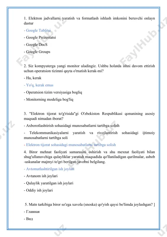 ini oylash lozim. - birinchi darajali diplom va mukofot berishdi. - birinchi muhabbat bahor osmonidagi bulutga o'xshaydi. 11. qaysi gapda tinish belgisini qo'llash bilan bog'liq xatolik mavjud emas? ] - ozgina harakat ya'ni, jismoniy mashqlar bardamlikni saqlab turadi. - mol-dunyosi ko'p bolgan kishi boy emas, balki isrofdan saqlangan odam boydir. - hunar o'rgan chunki, hunarda ko'p sir. - hunarmand-u kosiblar ko'pdir biroq, mohirlari ozdir. 12. qaysi gapda qo'shimcha qo'llash bilan bog'liq uslubiy xatolik mavjud? ] - bir guruh o'quvchilar tarix muzeyiga tashriflarini buyurishdi. - bobur gulni yana bir hidlab, sallasining qatiga qistirib qo'ydi. - odobli, ilmli va shijoatli farzandlar bizning kelajagimizdir. - dunyoda eng kop ovqat yeydigan jonivor ninachidir. 13. intizomiy jazo chorasi darhol, biroq intizomiy qilmish aniqlangan kundan e'tiboran qancha muddatdan kechiktirmay qo'llaniladi? ] - bir oy - o'nkun - ikki oy - olti oy 14. qonunosti hujjatlari keltirilmagan javobni aniqlang. ] - ozbekiston respublikasi vazirlar mahkamasining qarorilari - …