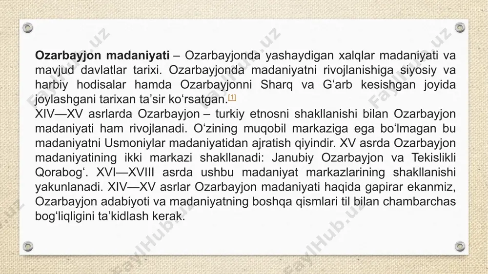 gadjibekovning „layli va majnun“) hamda baletga (afrosiyob badalbeylining „qiz qalʼasi“) asos solgan mamlakatlardan biridir. 1918—1920-yillarda ozarbayjon demokratik respublikasi islom dunyosi hamda islom mamlakatlari orasida ayollar ovoz berish huquqiga ega boʻlgan birinchi davlat hisoblanadi.[4] yunesko umumjahon merosi roʻyxatiga ozarbayjondan icherisheher, gobuston petrogliflari, nomoddiy madaniy merosi roʻyxatiga esa mugʻom, oshiq sanʼati, navroʻz bayrami, anʼanaviy gilamchilik sanʼati, tor ijrosi sanʼati, qorabogʻ otlarida chovgan oʻyini, kalagai, mis idishi sanʼati, anʼanaviy lavash yopish kirgan. anna qoʻlyozma institutida saqlanib qolgan „tibbiyot va farmatevtika haqidagi oʻrta asrlar qoʻlyozmasi“ yuneskoning „umumjahon xotirasi“ roʻyxatiga kiritilgan. ozarbayjon“ toponimi parfyan va oʻrtaforsiy qadimgi atroaptena yoki midiya atroaptena qadimgi davlat nomi – aturpatakan soʻzidan kelib chiqqan.[5][6] aleksandr makedonskiy bosqinidan soʻng, midiyaning soʻnggi axamoniy satrapi atroapat oʻziga qirollik tashkil etgan joy – midiyaning shimoliy qismini midiya atropatena yoki shunchaki atroppatena deb atashdi.[7][8] „aturpatkan“ nomidan oʻrtaforsiy „azerbadgan“ orqali ozarbayjon nomi kelib chiqadi.[9][10] mamlakatda eron tilida soʻzlashadigan midiyalik qabilalari yashagan. asl nomi manbasi hududda zardushtiylik …