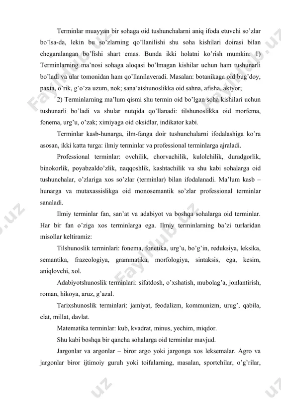 boshqa tildan olib ishlatiladi. jargonda bunday leksema umumtildagi leksik ma’nosida emas, o’zgacha ma’noda ishlatiladi. masalan, ishlar besh. akang gapni qiyadi kabi jumladagi besh -, qiy – leksemalari shu ishlatilishida jargonizm bo’ladi. argolizm ham asli jargonizmning bir ko’rinishi bo’lib, tarbiyasi buzuq, qo’li egri shaxslar orasidagi shu guruhning o’zigagina tushunarli ma’noda ishlatiladigan leksemalar yig’indisidan iborat (fr. argot – “lahja”). masalan, loy – (pul ma’nosida), xit – (xavf ma’nosida)”. “qiziqishlari, mashg’ulotlari, yoshlari bir xil bo’lgan juda tor doiradagi kichik – kichik ijtimoiy guruh va to’dalar, o’zlariga xos didlar va talablari yoki ichki zaruriyat hamda ehtiyojlaridan farqli bo’lgan alohida so’z va iboralarni ishlatadilar. bunday so’z va iboralar jargonlar deyiladi. “mahalliy territorial dealektlarning so’zlari (sheva so’zlari) dialektizmlar sanalsa, “sinfiy dialektning so’zlari” jargonlar deyiladi. argolar qiziqishlari, mashg’ulotlari, yoshlari bir xil bo’lgan juda tor doira (guruh)ga mansub kishilar qo’llaydigan, ma’nosi shunday kishilarga tushunarli bo’lgan so’zlardir”[12]. ishlatilish doirasi chegaralangan qatlam sifatida yana bir hodisa ya’ni vulgarizm hodisasi ham …