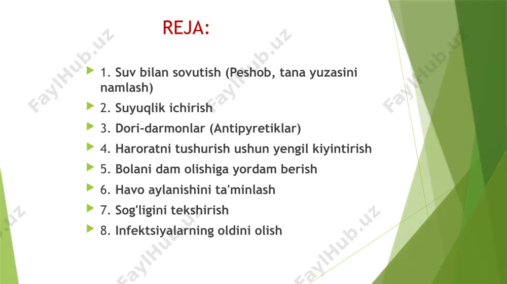 kin. tana yuzasini sovutish: barmoq bilan iliq suvda namlangan mato bilan bolaning peshonasi va bo'yinini artib turing. bu issiqlikni chiqarishga yordam beradi. matoni uzoq vaqt davomida sovitib turish kerak. sovuq dush: agar bola o'zini yaxshi his qilsa, o'rtacha sovuq dush olishiga ruxsat berish mumkin. bu orqali tana harorati pasayadi. suyuqlik ichirish: isitma holatida tana suyuqlikni tezda yo'qotadi, shuning uchun bolaga suyuqlik ichirish muhimdir. iliq suyuqliklar: suv, mevali sharbatlar yoki eritilgan tuzli suyuqliklar (elektrolitlar) bolaning tanasini hidratatsiya qiladi. suyuqlikning ko'pligi: ko'p suyuqlik ichish tana haroratini nazorat qilishda muhim rol o'ynaydi. bu, shuningdek, organizmni toksinlardan tozalashga yordam beradi. sutkalik temperaturadagi o’zgarishlarning tabiati bo’yicha isitma turlari: doimiy isitma (febris continua) — tana haroratining uzluksiz ko’tarilishi bo’lib, sutkalik o’zgarish 1 °c dan oshmaydi. remittirlovchi isitma (febris remittens) — tana haroratining 1,5-2 ° c gacha bo’lgan sutkalik o’zgarishi. biroq, harorat normal qiymatlargacha kamaymaydi. intermittirlovchi isitma (febris intermittis) — haroratning keskin va sezilarli darajada ko’tarilishi, bir …