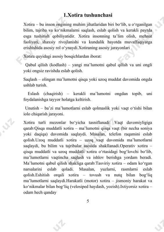 am olish – yaxshi uyqu xotirani mustahkamlashga yordam beradi.takrorlash – ma’lumotni qayta ishlash va takrorlash uni uzoq muddatli xotiraga o‘tkazadi. faol o‘rganish – yangi bilimlarni amaliyotga tadbiq qilis mnemotexnikalar – assotsiativ usullar, rasm va tasvirlar orqali eslab qolish. meditatsiya va diqqat mashqlari – ongni tinchlantirish va kontsentratsiyani oshirish. sog‘lom turmush iolo – to‘g‘ri ovqatlanish, jismoniy mashqlar va sifatli uyqu. doimiy iologicual faollik – kitob o‘qish, yangi tillarni o‘rganish va mantiqiy mashqlar bajarish.xotira inson hayotining barcha jabhalarida muhim rol o‘ynaydi. uni rivojlantirish va mustahkamlash uchun doimiy mashqlar, to‘g‘ri ovqatlanish, yetarlicha dam olish va motivatsiyani oshirish muhimdir.xotiraning asosiy turlari-xotira turli mezonlar bo‘yicha tasniflanadi. har bir tur xotira jarayonining o‘ziga xos xususiyatlarini ko‘rsatadi va uning samaradorligini oshirish uchun mos usullarni qo‘llash mumkin. quyida xotiraning asosiy turlari keltirilgan. qisqa muddatli xotira – bu insonning bir necha soniya yoki daqiqa davomida ma’lumotni saqlash qobiliyatidir. bu turdagi xotira cheklangan hajmga ega va odatda faqat bir nechta …