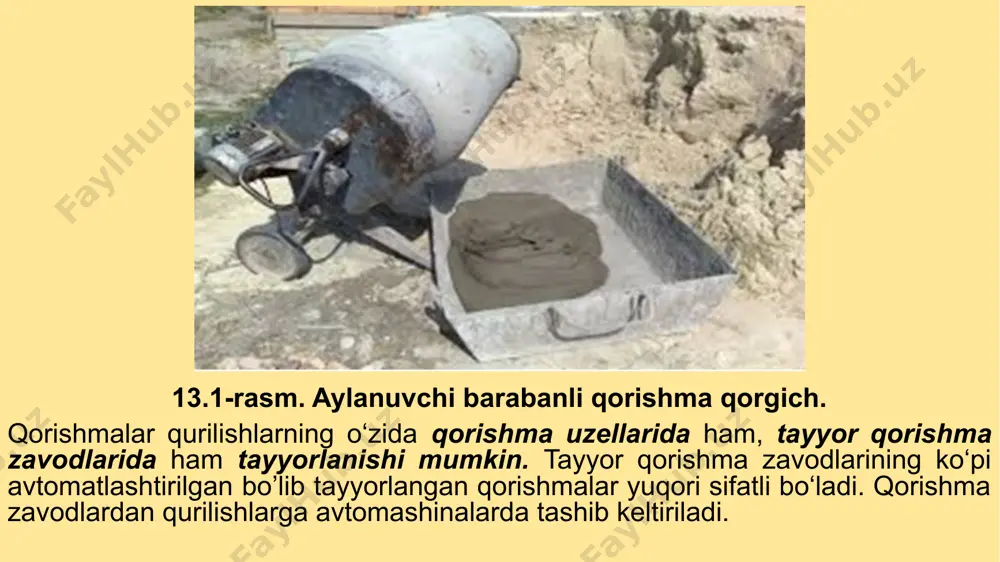 shda uzatish balandligi 20 metrga teng. yuzalar ushbu qorishma haydagich bilan suvalayotganda, qorishma nasosi bilan suvashdagiga nisbatan ancha ko‘p isrof bo‘ladi. kompressorlar. rezina shlanglar va po‘lat truboprovodlar. forsunkalar siqilgan havo olish uchun porshenli va rotatsion kompressorlardan foydalaniladi. suvoqchilik ishlarida so-2, so-7, so-62 va boshqa markadagi porshenli kompressorlardan foydalaniladi (13.1-jadval). kompressor qurilmasi kompressorning o‘zi, suv-yog‘ ajratgich, havo to‘plagich, bosim regulyatori va elektr dvigateldan iborat. kompressorning silindrlarida havo filtrlari va klapanlari orqali so‘rib olinadi. siqilgan havo kompressordan dastlab suv-yog‘ ajratgichga, keyin esa filtratsiyaga – suvning filtrlanmagan zarralari va yog‘ tubiga tushadigan havo to‘plagichga boradi. 13.1-jadval rezina shlanglar va po‘lat quvurlar qorishmalarni yetkazib berishda katta samara beradi. qorishmani qorishma nasosi yoki qorishma haydagichdan ish o‘rniga yetkazib berishda qorishma uzatgichlardan foydalaniladi, ular metall quvurlar yoki rezina shlanglardan iborat bo‘ladi. quvur va shlanglarning diametri mashinaning ish unumiga va vazifasiga ko‘ra turlicha bo‘ladi: qorishma (material) shlanglarining diametri siqilgan havo shlanglarinikiga qaraganda kattaroq bo‘ladi. qorishmani bino qavatlariga …