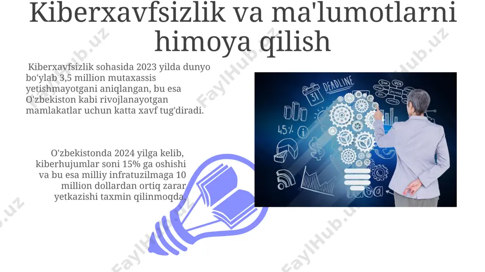shlab chiqilgan tensorflow kabi chuqur o'rganish kutubxonalaridan foydalangan holda, 99% aniqlik bilan rasmlarni tasniflash yoki matnlarni tarjima qilish kabi vazifalarni bajara oladi. sun'iy intellekt sohasidagi mutaxassislarning o'rtacha yillik maoshi aqshning silikon vodiysida 150,000 dollardan oshadi va bu raqam tez sur'atlar bilan o'sib bormoqda, global bozorda esa 2025 yilga borib 100 milliard dollarga yetishi kutilmoqda. internet texnologiyalari va veb-dasturlash o'zbekistonda 2000 yildan beri veb-dasturlash sohasi rivojlanib kelmoqda, va 5000 dan ortiq mutaxassislar bu sohada ishlaydi, ko'plab kompaniyalar jahon miqyosidagi loyihalarda ishtirok etmoqda. internet texnologiyalari sohasida 2023 yilda dunyo bo'yicha 25 milliondan ortiq veb-dasturchi faoliyat yuritmoqda, ularning aksariyati hindiston va aqsh kabi mamlakatlardan. e'tiboringiz uchun rahmat @taqdimot_robot image4.jpg image5.jpg image6.jpg image7.jpg image8.jpg image9.jpg image10.jpg image11.jpg image12.jpg image13.jpg image1.jpeg image2.jpeg image3.jpeg
