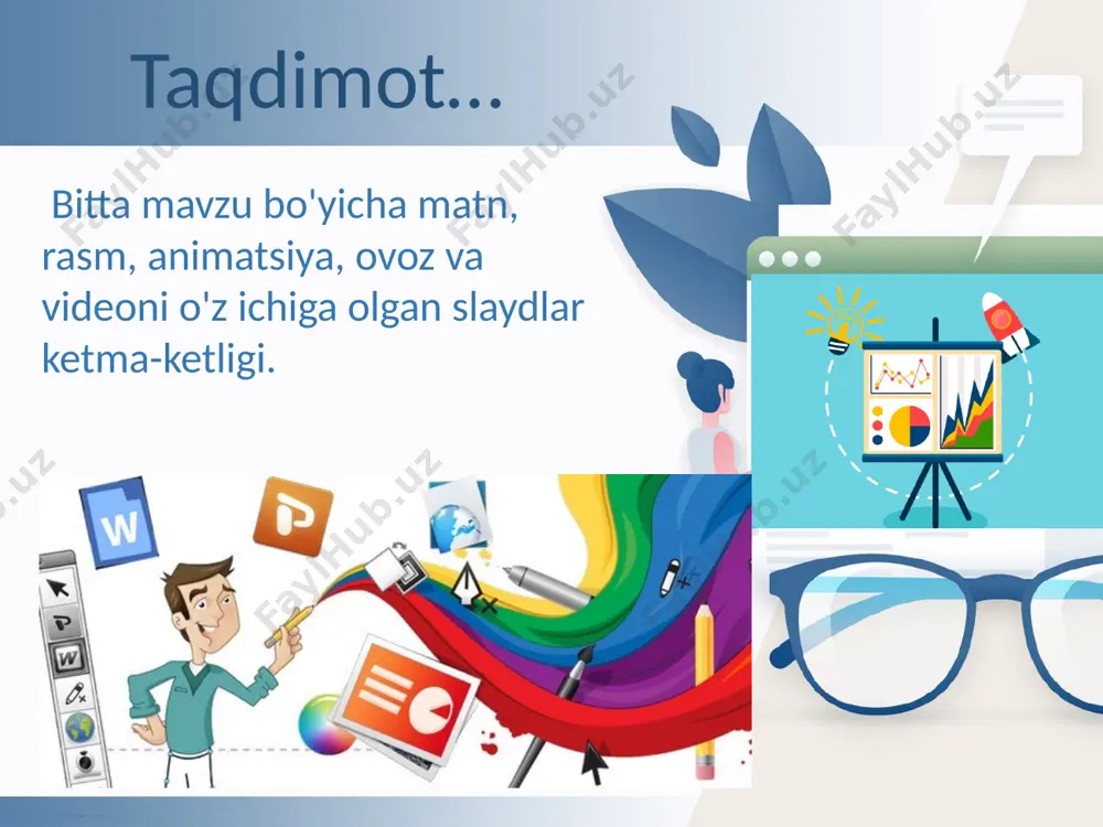 elgilashingiz mumkin. slaydlarda animatsiya matn, rasmlar, shakllar, jadvallar, smartart grafiklari va boshqa powerpoint taqdimot obyektlarini jonlantirishingiz mumkin. effektlar sizga ob'ektlarning ko'rinishini, ekran sathidan yashirinishi va harakatini tartibga solish imkonini beradi. effektlar yordamida siz ularning hajmi va rangini o'zgartirishingiz mumkin. animatsiya yaratish ob'ektlarning slaydga kirish effektlari slaydda obyektlarni ajratish effektlari ob'ektlarning slayddan ketish (yashirinish) effektlari kirish, chiqish, ob'ektni tanlash effektlarining to'liq ro'yxati etiboringiz uchun raxmat image1.jpg image3.jpg image5.png image6.png image7.png image8.png image14.gif image15.png image9.jpg image16.png image17.png image18.png image19.png image20.png image21.png image22.png image4.png image23.png image4.svg image24.png image6.svg image25.png image8.svg image26.png image10.svg image27.jpeg image28.jpeg image29.png image30.png image31.jpeg image32.jpeg image33.png image34.png image35.png image36.jpeg image37.png image38.png image39.png image40.png image41.png image42.png image43.png image44.png image45.png image46.png image47.png image48.png image49.png image50.png image2.png .msftofcthm_background1_fill_v2 { fill:#ffffff; } .msftofcthm_background1_fill_v2 { fill:#ffffff; } .msftofcthm_background1_fill_v2 { fill:#ffffff; } .msftofcthm_background1_fill_v2 { fill:#ffffff; } /docprops/thumbnail.jpeg