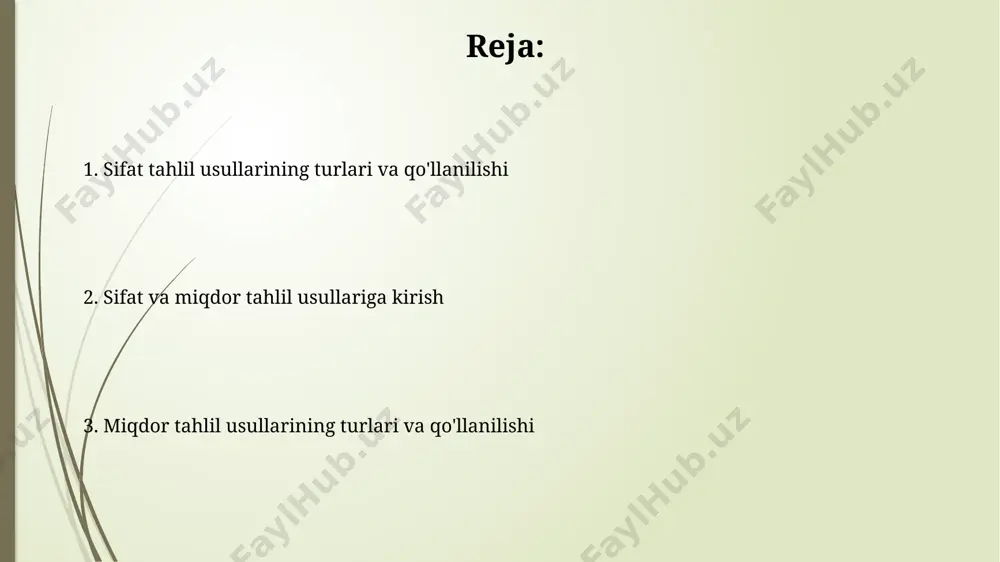 ik usullarni o'z ichiga oladi, bu erda 0.05 dan past p-qiymati statistik ahamiyatlilikni ko'rsatadi. katta hajmdagi ma'lumotlar to'plamlarini (masalan, 1000 dan ortiq kuzatish) tahlil qilishda, miqdoriy usullar samaradorlikni oshirish va aniq xulosalar chiqarish uchun muhimdir. tadqiqot maqsadlarini aniqlash sifatli ma'lumotlarni tahlil qilish uchun 10 ta chuqur intervyu o'tkazilib, ularning natijalari tematik tahlil va kodlash orqali 3 ta asosiy mavzuga bo'linadi, bu esa tadqiqot maqsadlarini aniqlashga yordam beradi. tadqiqotning asosiy maqsadi 3 ta asosiy gipotezani tekshirishga qaratilgan bo‘lib, ularning har biri 5 ta o‘zgaruvchini o‘z ichiga oladi. bu maqsadlarga erishish uchun sifatli va miqdoriy ma'lumotlar to'planadi. miqdoriy tahlil usullari gipotezalarni sinashda p-qiymati 0.05 dan kam bo'lsa, nol gipoteza rad etiladi va bu natijalar statistik jihatdan ahamiyatli hisoblanadi, ya'ni ehtimollik xatosi 5% dan kam. miqdoriy tahlil usullarida, masalan, regressiya tahlili yordamida 2 ta o'zgaruvchi o'rtasidagi bog'liqlikni aniqlashda r-kvadrat koeffitsiyenti 0.8 dan yuqori bo'lsa, kuchli korrelyatsiya mavjud deb hisoblanadi. xulosa va tavsiyalar тадқиқот …
