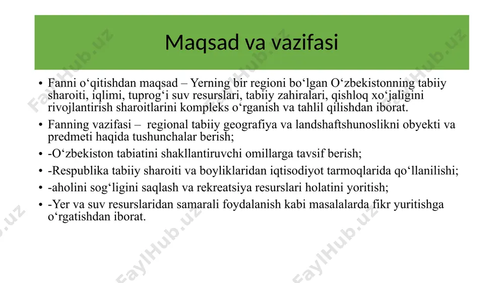 ’rif bergan, amudaryo va sirdaryoning orolga quyilishini ko`rsatgan. abul hasan ali ma’sudiy o’zbekiston tabiati, xususan amudaryo va xorazm vohasi haqidagi haqiqatga geografik ma’lumotlarni qoldirgan. xorazm vohasi amudaryodan bir qancha kanallar orqali suv olishini yozib qoldirgan. ibn batuta mashxur arab geografi ustyurt, xorazm, qizilqum orqali buxora va samarqandga kelgan. u ustyurt, quyi amudaryo, zarafshon vodiysi tabiati, samarqand, buxoro, samarqand shaharlari haqida qimmatli ma’lumotlarni qoldirgan. yoqut ibn abdulla o`rta osiyoga bir necha bor tashrif buyurgan. “mamlakatlarning alfavit ro’yxati” asarida o`rta osiyo tabiati, aholisi, shaharlari, karvon yo`llari haqidagi ma’lumotlarni qoldirgan. o`rta osiyo, jumladan o`zbekiston hududi tabiati haqidagi dastlabki, ilmiy jihatdan mukammal geografik ma’lumotlar jahonga mashxur bo`lgan ix – xii asrlarda yashagan o`rta osiyolik qomusiy olimlar tomonidan yozib qolirilgan. ushbu olimlar quyidagilar: muhammad ibn muso al-xorazmiy, ahmad farg`oniy, abu abdullo muhammad ibn al termiziy, abu nosir farobiy, abu bakr narshaxiy, abu rayhon beruniy, abu ali ibn sino, mahmud qoshg`ariy va boshqalar. muso xorazmiy tabiiy …