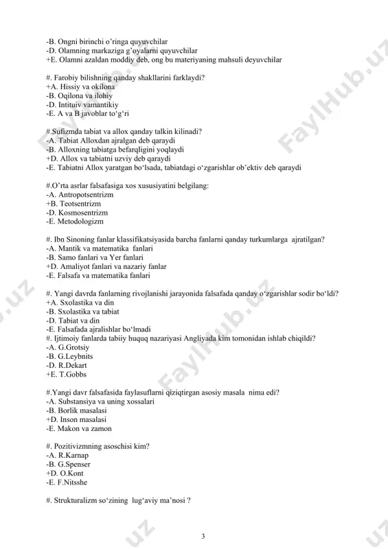 avrda fanlarning rivojlanishi jarayonida falsafada qanday o‘zgarishlar sodir bo‘ldi? +a. sxolastika va din -b. sxolastika va tabiat -d. tabiat va din -e. falsafada ajralishlar bo‘lmadi #. ijtimoiy fanlarda tabiiy huquq nazariyasi angliyada kim tomonidan ishlab chiqildi? -a. g.grotsiy -b. g.leybnits -d. r.dekart +e. t.gobbs #.yangi davr falsafasida faylasuflarni qiziqtirgan asosiy masala nima edi? -a. substansiya va uning xossalari -b. borlik masalasi +d. inson masalasi -e. makon va zamon #. pozitivizmning asoschisi kim? -a. r.karnap -b. g.spenser +d. o.kont -e. f.nitsshe #. strukturalizm so‘zining lug‘aviy ma’nosi ? +a. tuzilish, joylashish, tartib -b. tartib, birikish -d. qo’shilish,birikish -e. izohlash, tushuntirish, bilish #.qaysi falsafiy ta’limot soxta bilimdan xakikiy bilimni ajratishga xarakat kiluvchi ijobiy bilimning falsafiy doktrinasini ilgari surdi ? -a. pragmatizm -b. ekzistensializm +d. pozitivizm -e. fenomenologiya #.sxolastlar pifagor va aristotel g’oyalariga tayanib, uch o‘lchovlikni qanday tushuntirganlar ? -a. tabiat kuchlarini o‘ziga xos xususiyati +b. dunyoning mukammaligi nuqtai-nazaridan -d. g’oyalar yordamida -e. din …