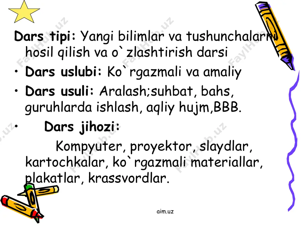 suvni 0°c dan +4°c gacha isitilganda ham zichlik ortadi va +4°c da suv o'zining maksimal zichligiga ega boiadi va bu 1 kg/m3 ni yoki 1 glml ni tashkil etadi. suvning yana bir xossasi uning yuqori issiqlik sig'imiga (4,18 j/k(g) egaligi (solishtirish uchun qum — 0,79; ohaktosh — 0,88; osh tuzi — 0,88; glitserin — 2,43; etil spirti — 2,85). shuning uchun suvning tungi vaqtlarda yoki yozdan qishki mavsumga o'tishda sekin sovushi; kunduzi yoki qishdan yozgi mavsumga o'tishda sekin isishi kuzatiladi.suv 0°c da muzlaydi (shu haroratda muz eriy boshlaydi), 100°c da qaynaydi va bug' holatiga o'tadi. suvning fizik xossalari aim.uz aim.uz aim.uz xossalari h2o d2o molekulyar massasi 18 20 zichligi g/sm3 0.9968 1.1042 muzlash temperaturasi 0 3.81 qaynash temperaturasi 100 101.43 aim.uz suvning kimyoviy xossalari suv molekulalari qizdirishga juda chidamli, lekin 1000°c dan yuqori haroratda suv bug'lari vodorod va kislorodga parchalana boshlaydi: 2h2o = 2h2 + o2. faol metallar suv bilan …