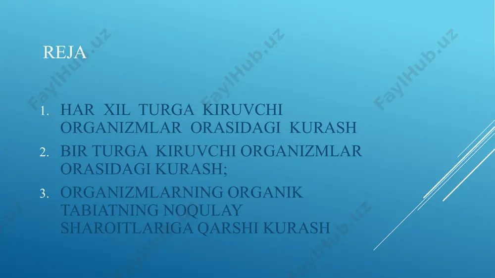 k tabiat omillari organizmlarning rivojlanishiga, yashab qolishiga katta ta’sir ko‘rsatadi. kuz kelishi bilan bir yillik o‘simliklarning hammasi, shuningdek, ko‘p yillik o‘t o‘simliklarning ham yer ustki qismlari nobud bo‘ladi, tuproq ostida ular ning urug‘i, ildizi, tuganaklari, piyozlari saqlanib qoladi. ko‘pchilik hayvonlar, masalan, suvda va quruqlikda yashovchilar, sudralib yuruvchilar karaxt holatga o‘tadi, qushlar migratsiya qiladi, sutemizuv chilar qishki uyquga kiradi organizmlar orasidagi munosabatlardan insonlarning foydalanishi. bir turga kiruvchi organizmlar orasida yashash uchun kurash shiddatli bo‘lishini e’tiborga olib, yangi bog‘lar tashkil qilinayotganda mevali daraxtlarning turiga qarab ko‘chatlar ma’lum oraliqda ekiladi. sun’iy yo‘l bilan o‘rmonlar barpo etilayotganda tuproqqa zamburug‘ gifalari solinib, mikoriza hosil qilinadi. respublikamizdagi ko‘llar, suv havzalarida baliqlarni sun’iy yo‘l bilan urchitish uchun avvalo ular yirtqich (cho‘rtan) va uncha ahamiyati bo‘lmagan (gambuziya) baliqlardan tozalanadi. shundan keyin suv havzalarida xo‘jalik uchun ahamiyatli hisoblangan baliqlar ko‘paytiriladi. ovchlik xo‘jaligini ilmiy asosda olib borish uchun hayvonlar biologiyasi, ya’ni urchish davri, nasl miqdori, ularning voyaga yetish muddati, nimalar …